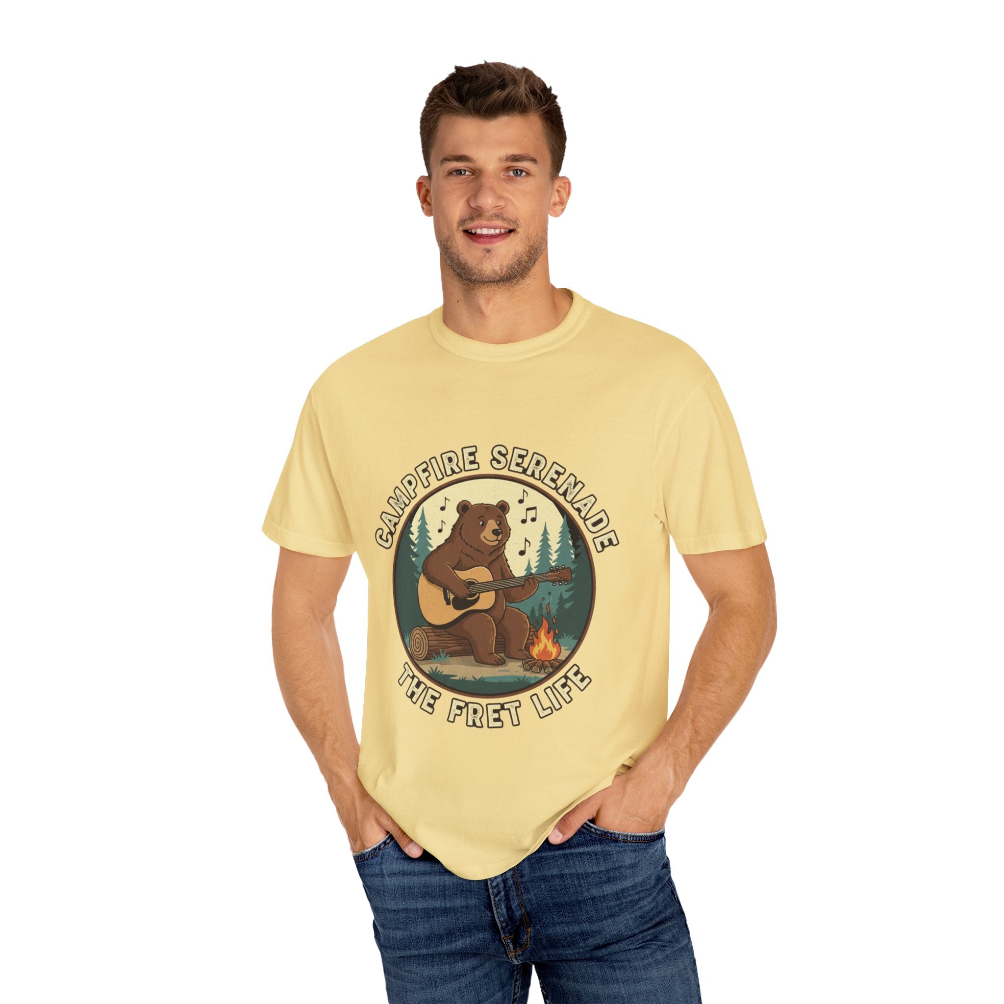 Campfire Serenade, Bear playing guitar design Garment-Dyed T-shirt