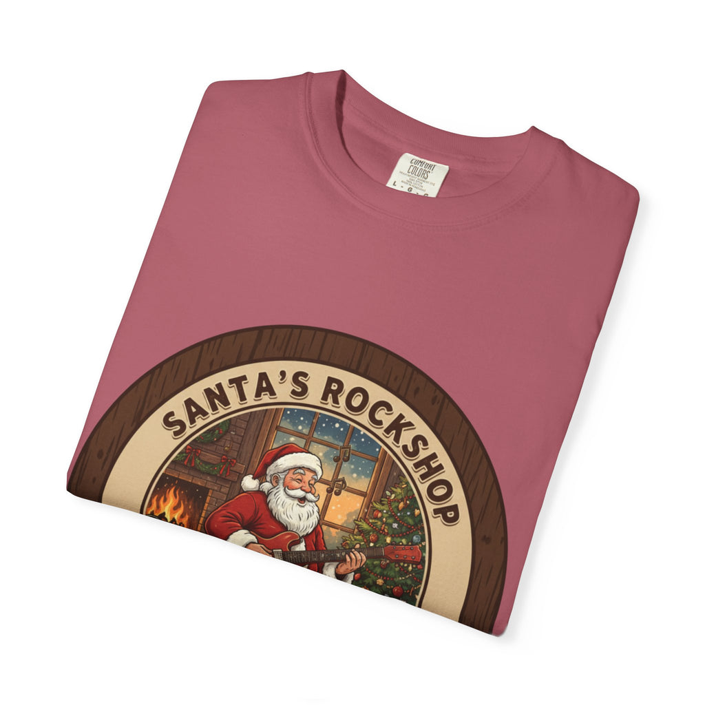 Santa's Rockshop Tee: Where the Elves Tune Up and Santa Shreds!
