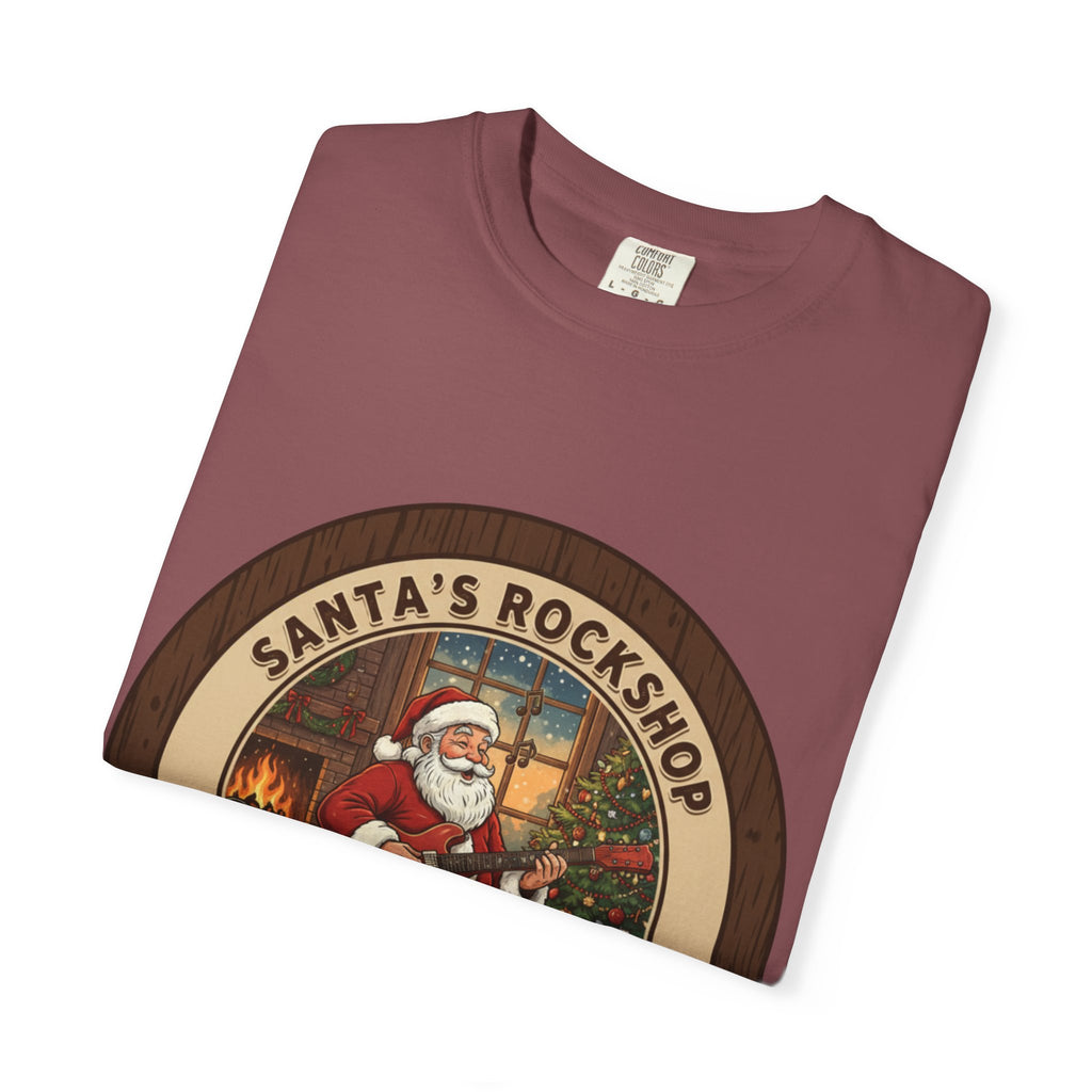 Santa's Rockshop Tee: Where the Elves Tune Up and Santa Shreds!