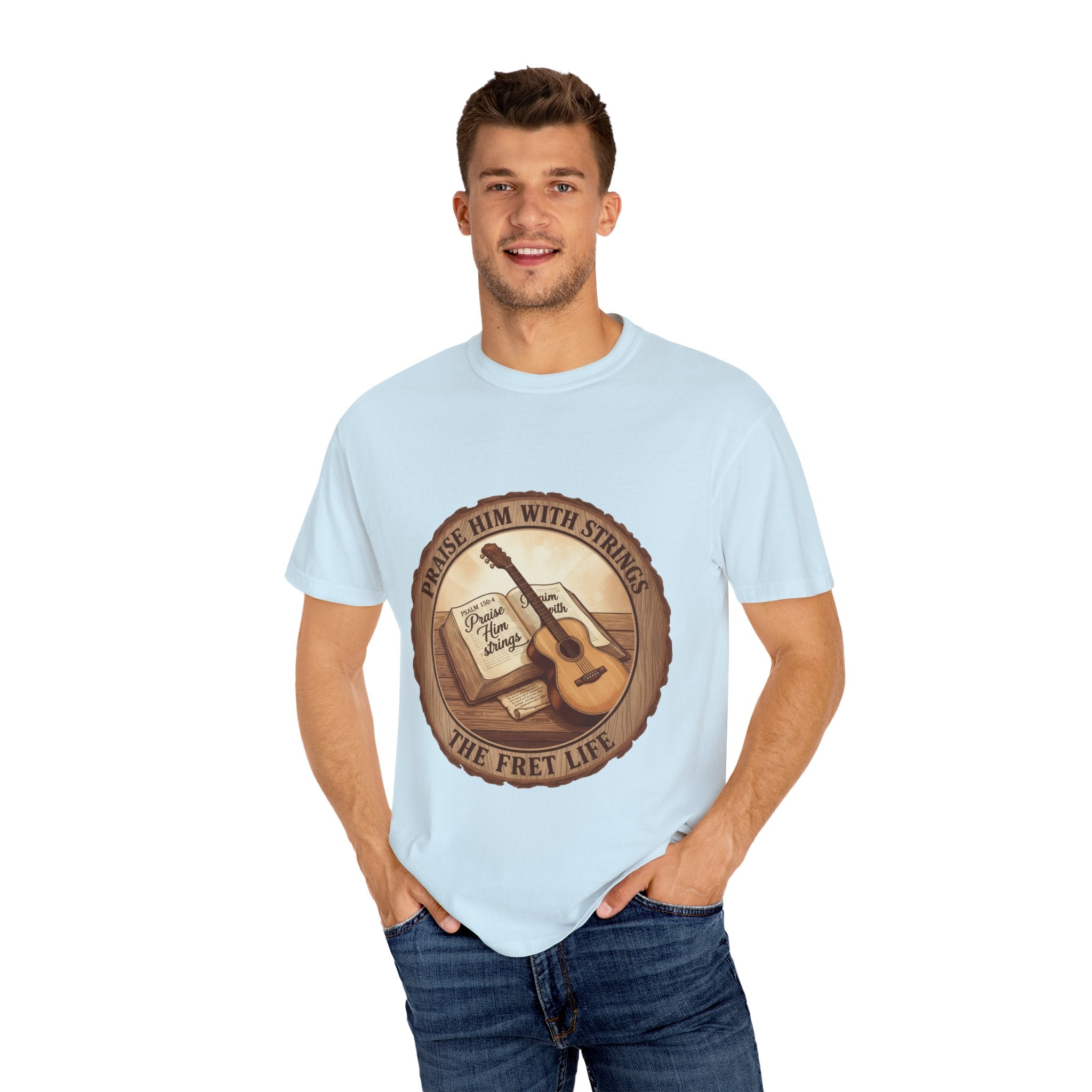 Praise Him With Strings T-Shirt | Psalm 150:4 Christian Guitar Tee