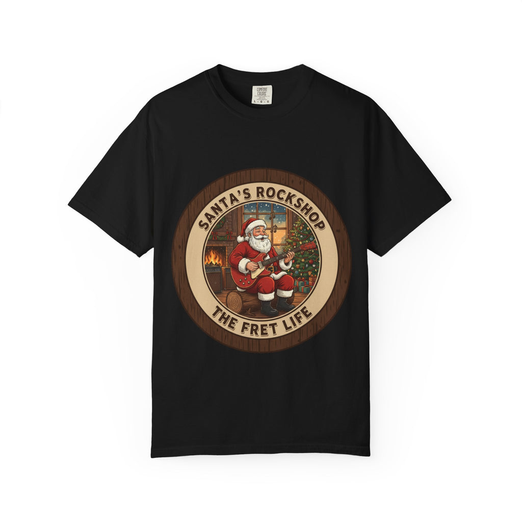 Santa's Rockshop Tee: Where the Elves Tune Up and Santa Shreds!