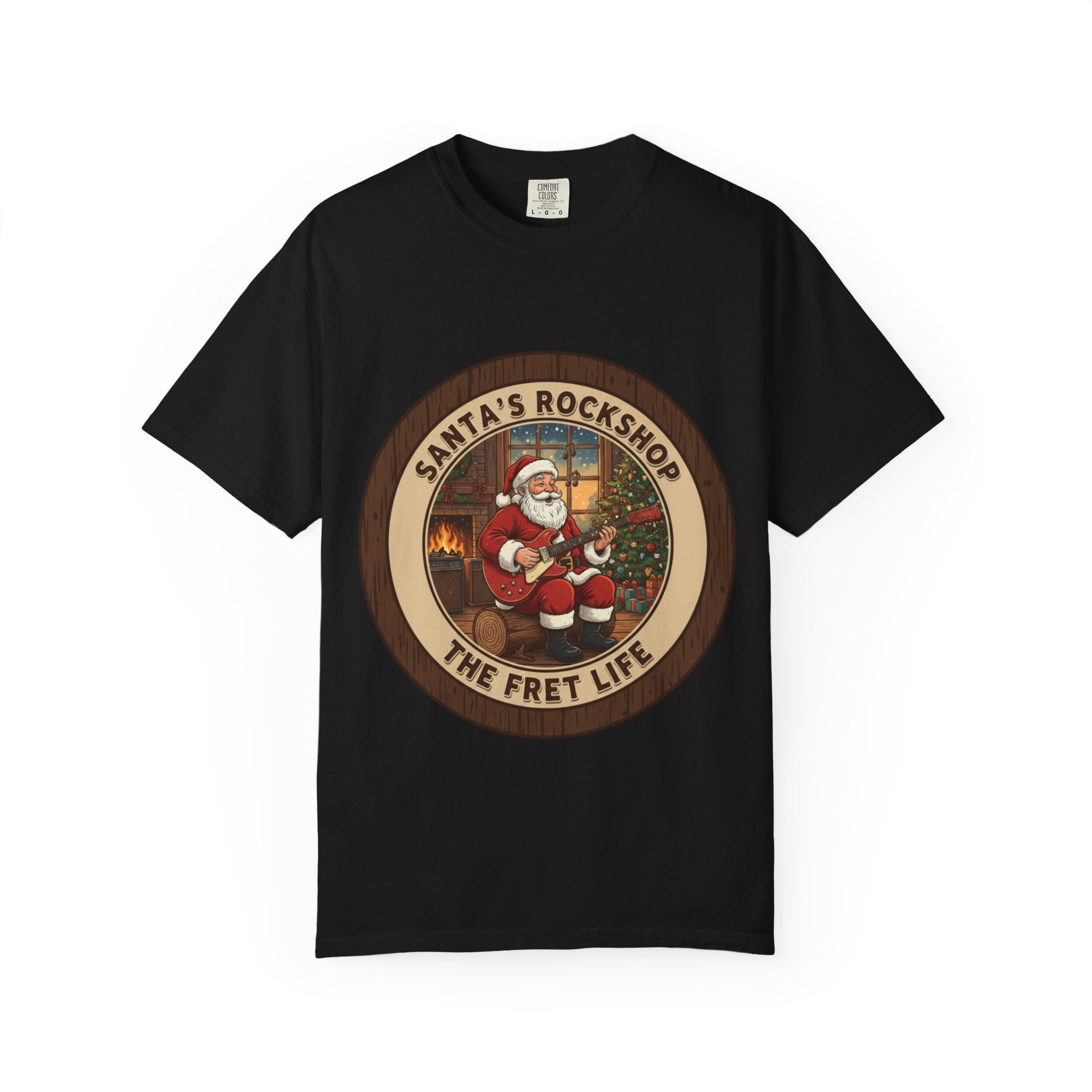Santa's Rockshop Tee: Where the Elves Tune Up and Santa Shreds!
