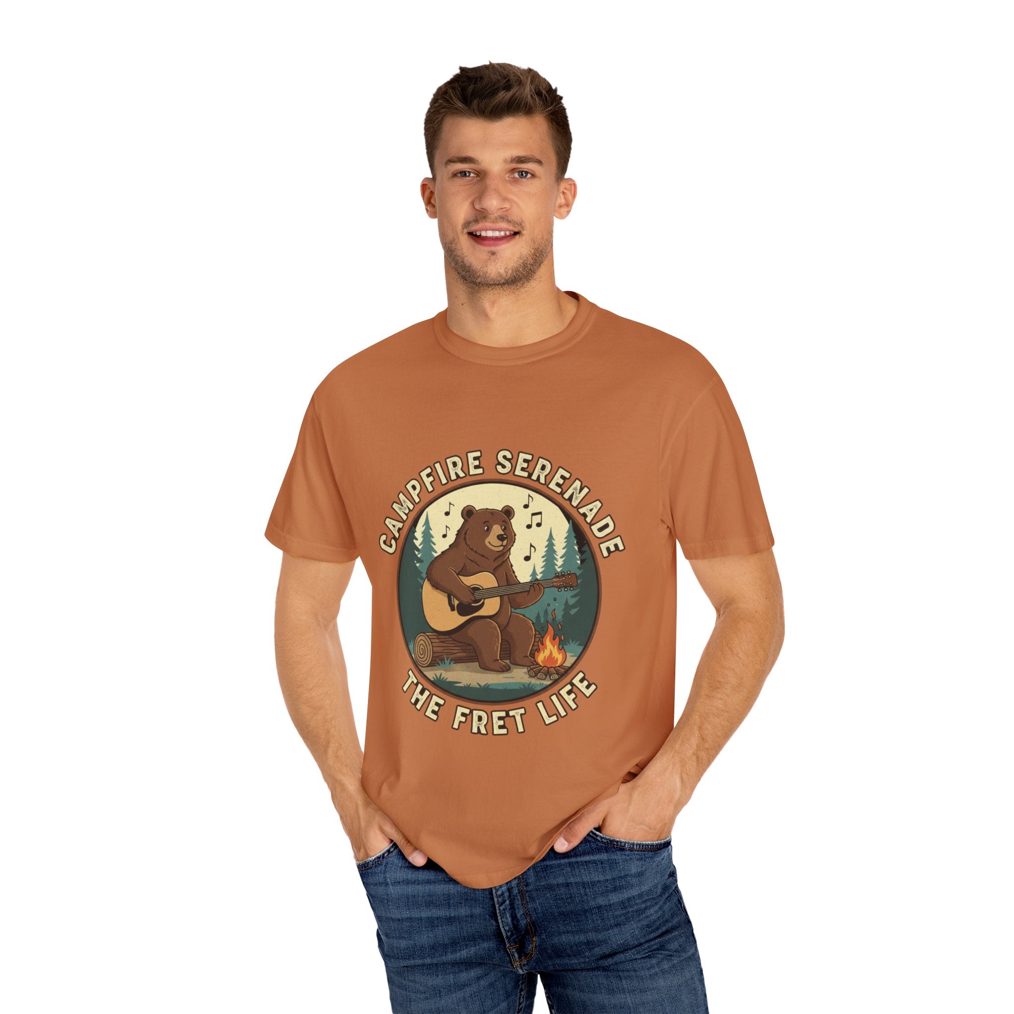 Campfire Serenade, Bear playing guitar design Garment-Dyed T-shirt
