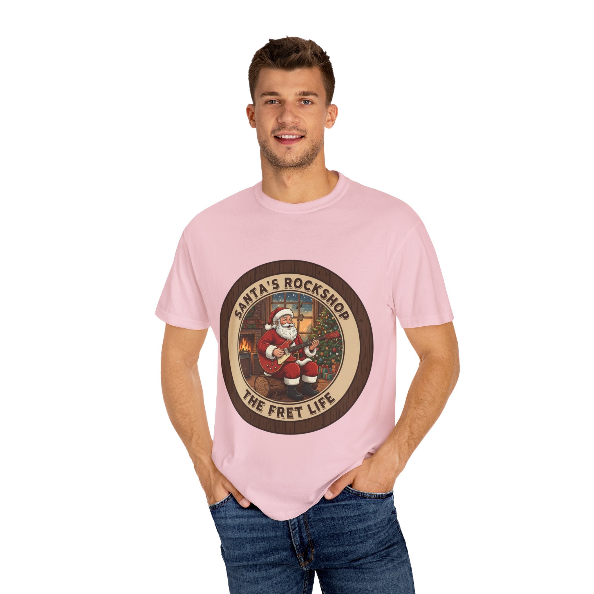 Santa's Rockshop Tee: Where the Elves Tune Up and Santa Shreds!