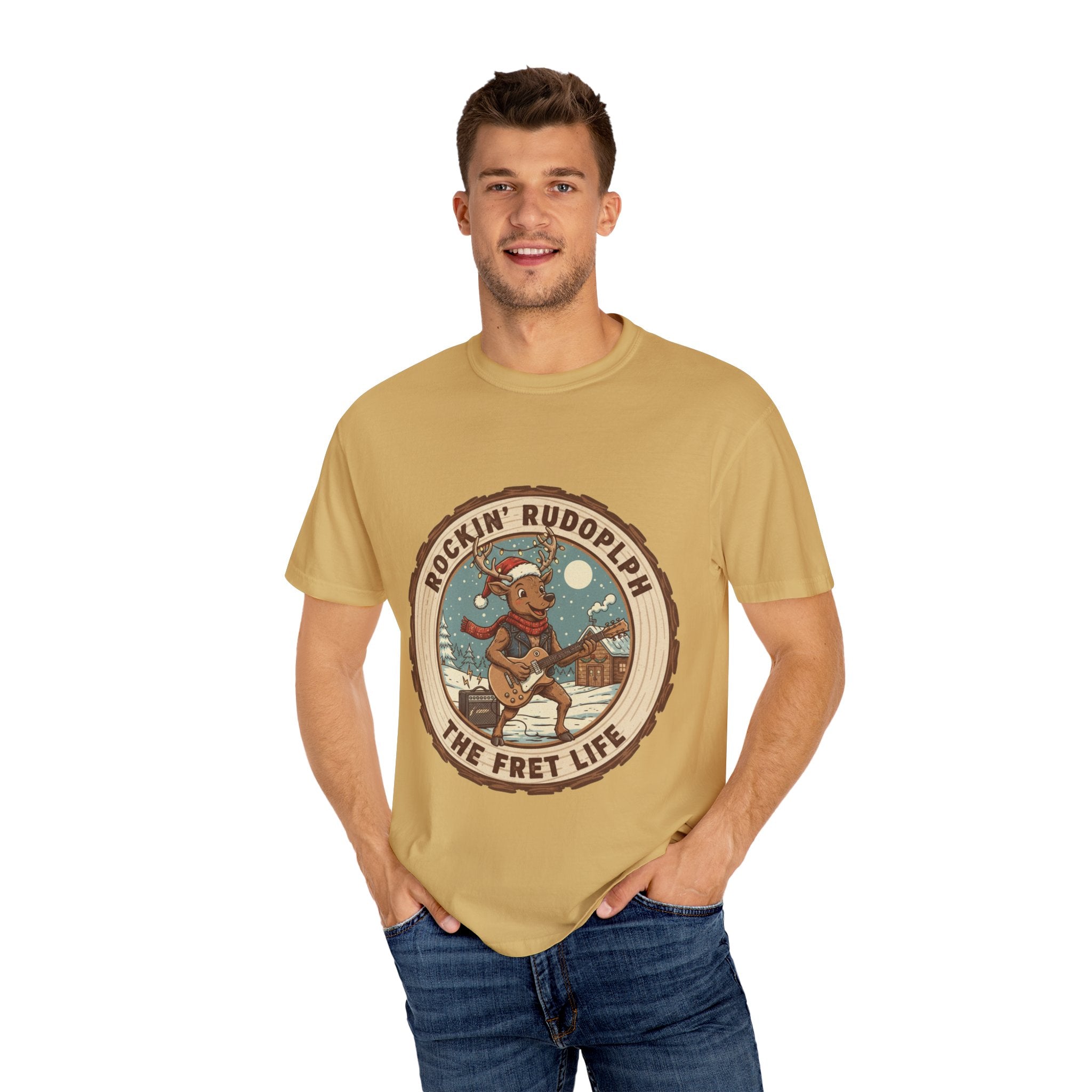 Rockin' Rudolph Christmas T-Shirt | Funny Reindeer Guitar Tee