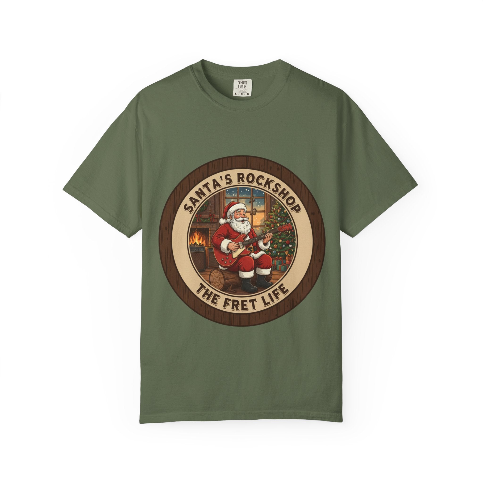 Santa's Rockshop Tee: Where the Elves Tune Up and Santa Shreds!