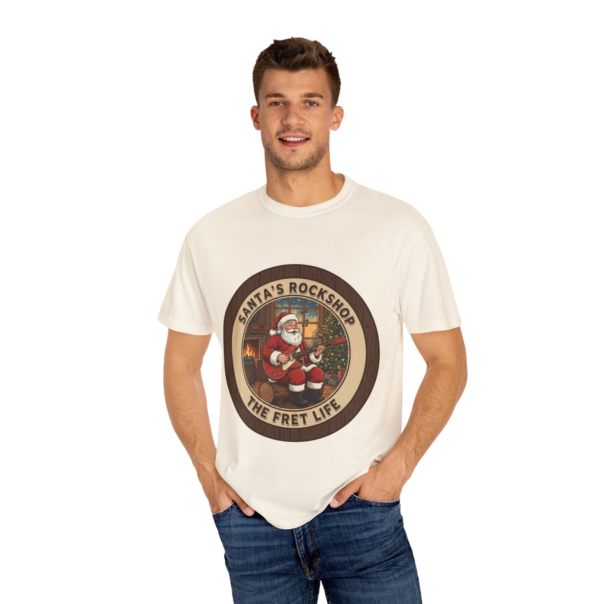Santa's Rockshop Tee: Where the Elves Tune Up and Santa Shreds!