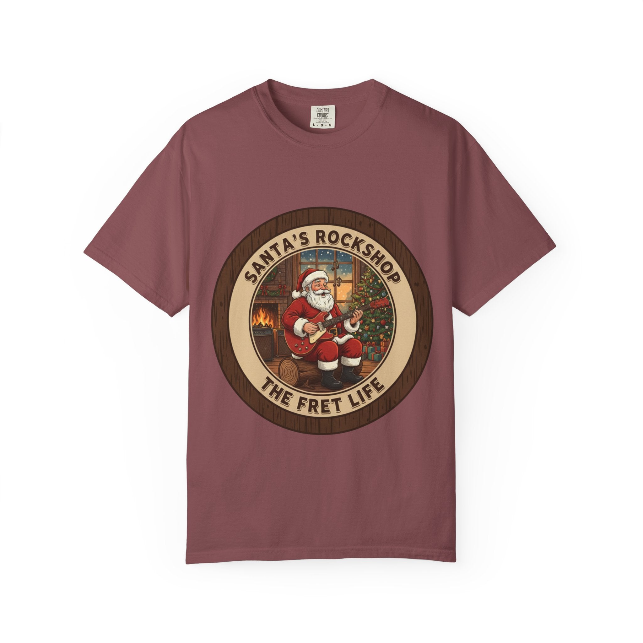 Santa's Rockshop Tee: Where the Elves Tune Up and Santa Shreds!