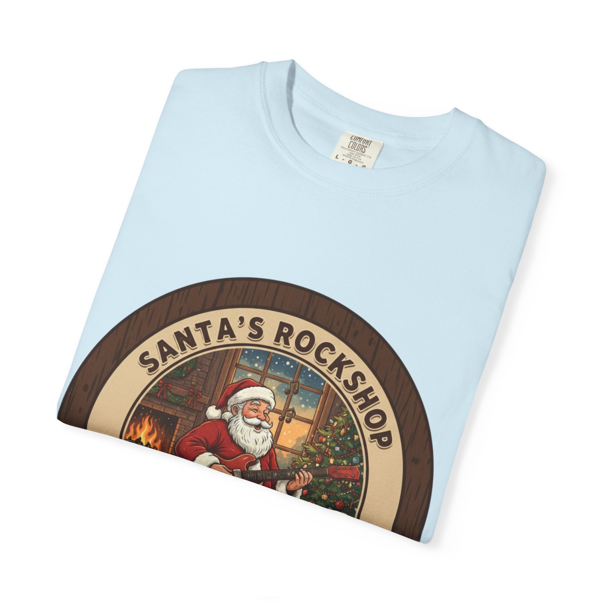 Santa's Rockshop Tee: Where the Elves Tune Up and Santa Shreds!