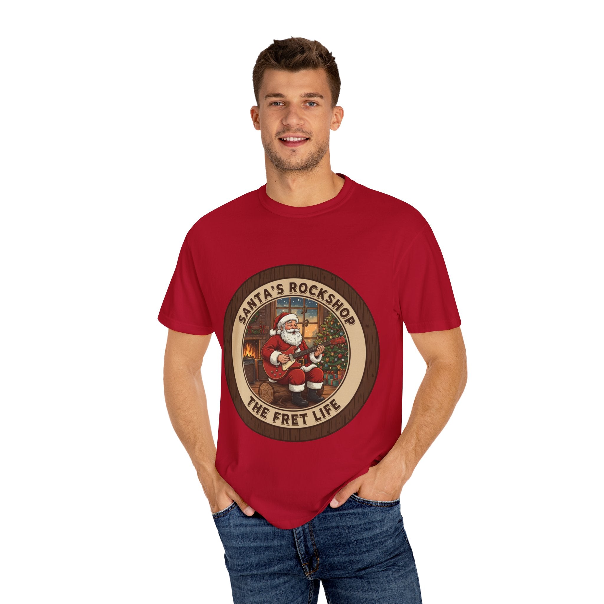 Santa's Rockshop Tee: Where the Elves Tune Up and Santa Shreds!