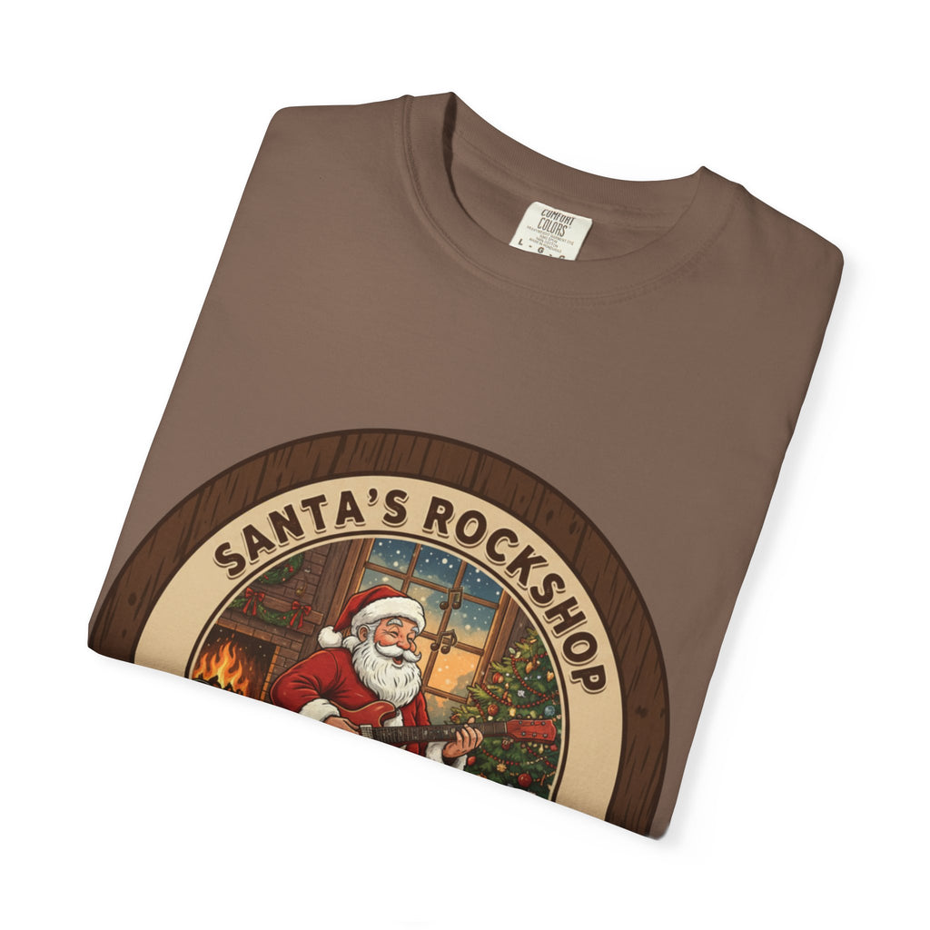 Santa's Rockshop Tee: Where the Elves Tune Up and Santa Shreds!