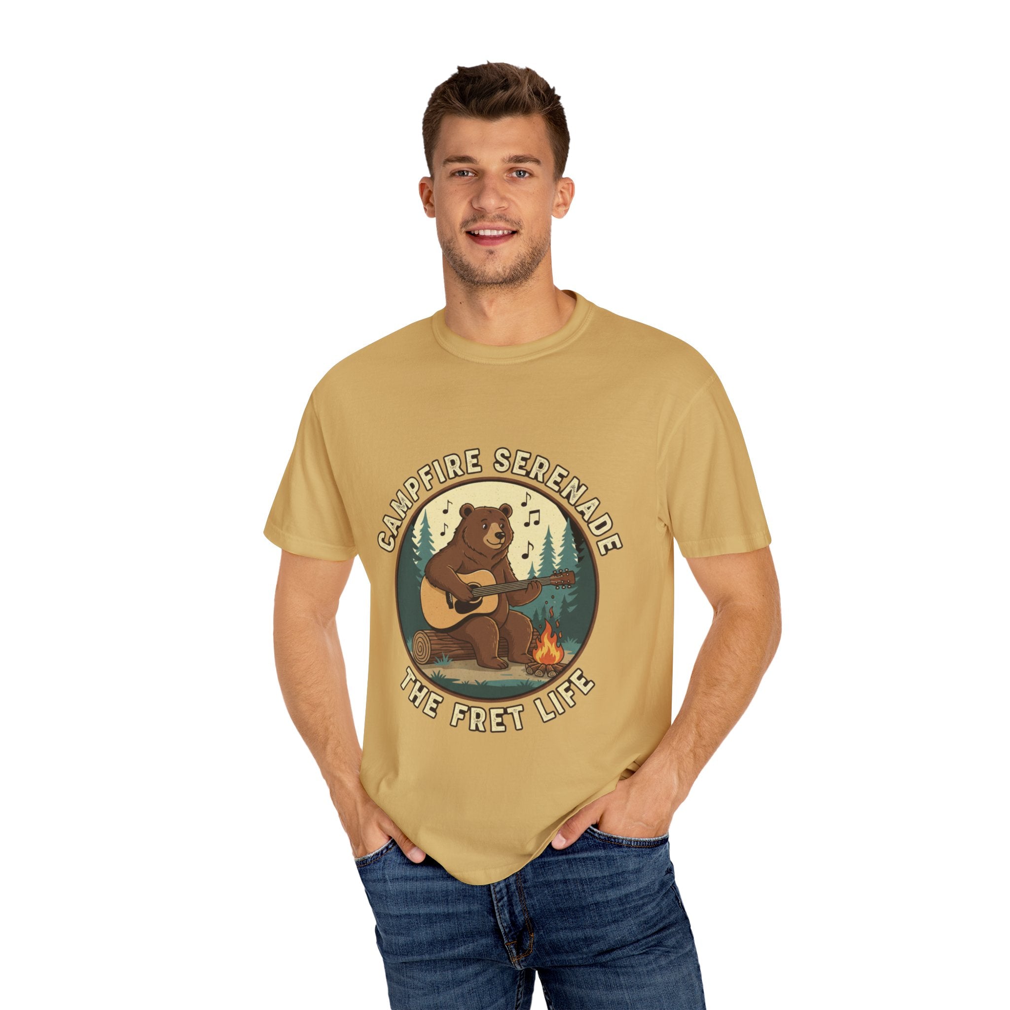 Campfire Serenade, Bear playing guitar design Garment-Dyed T-shirt