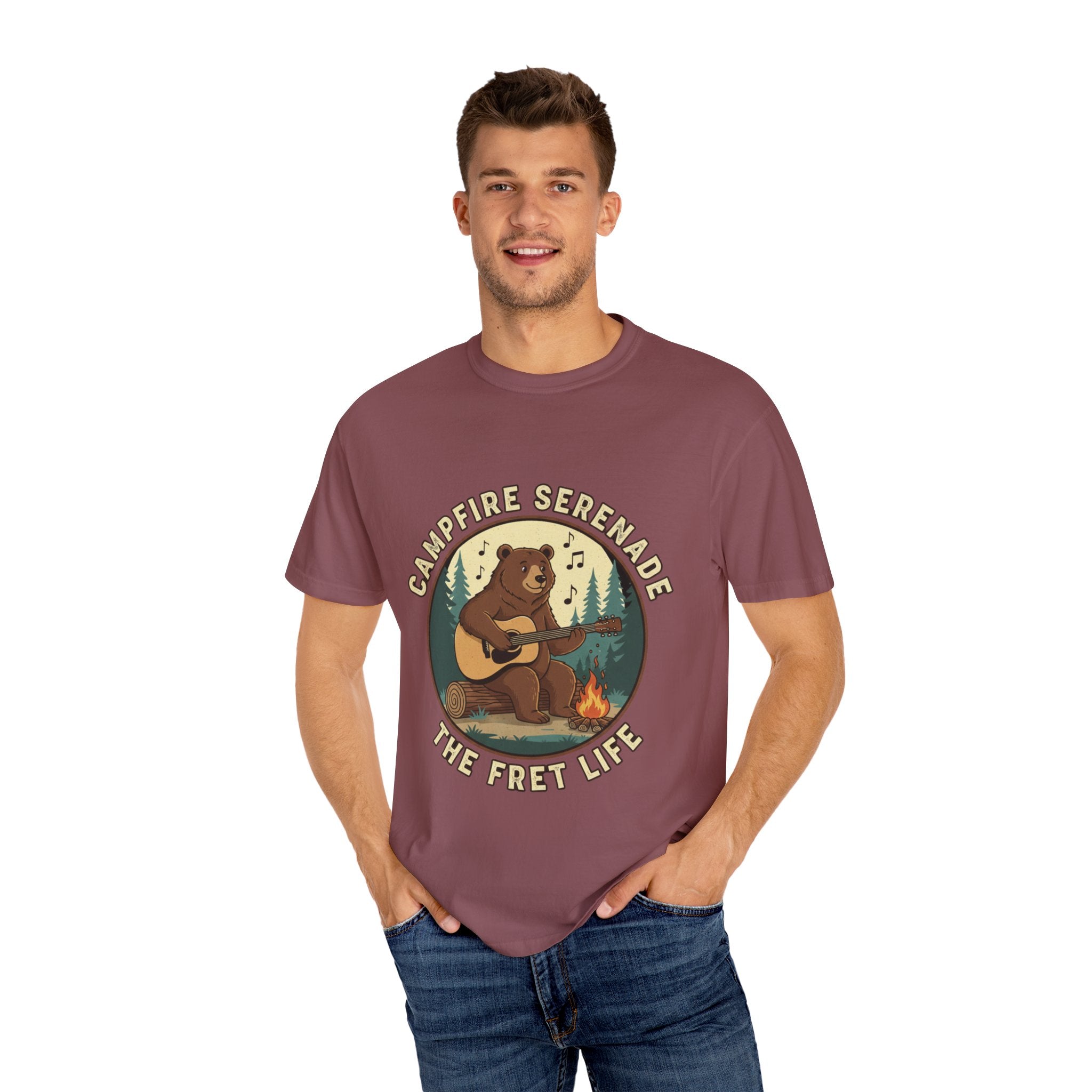 Campfire Serenade, Bear playing guitar design Garment-Dyed T-shirt
