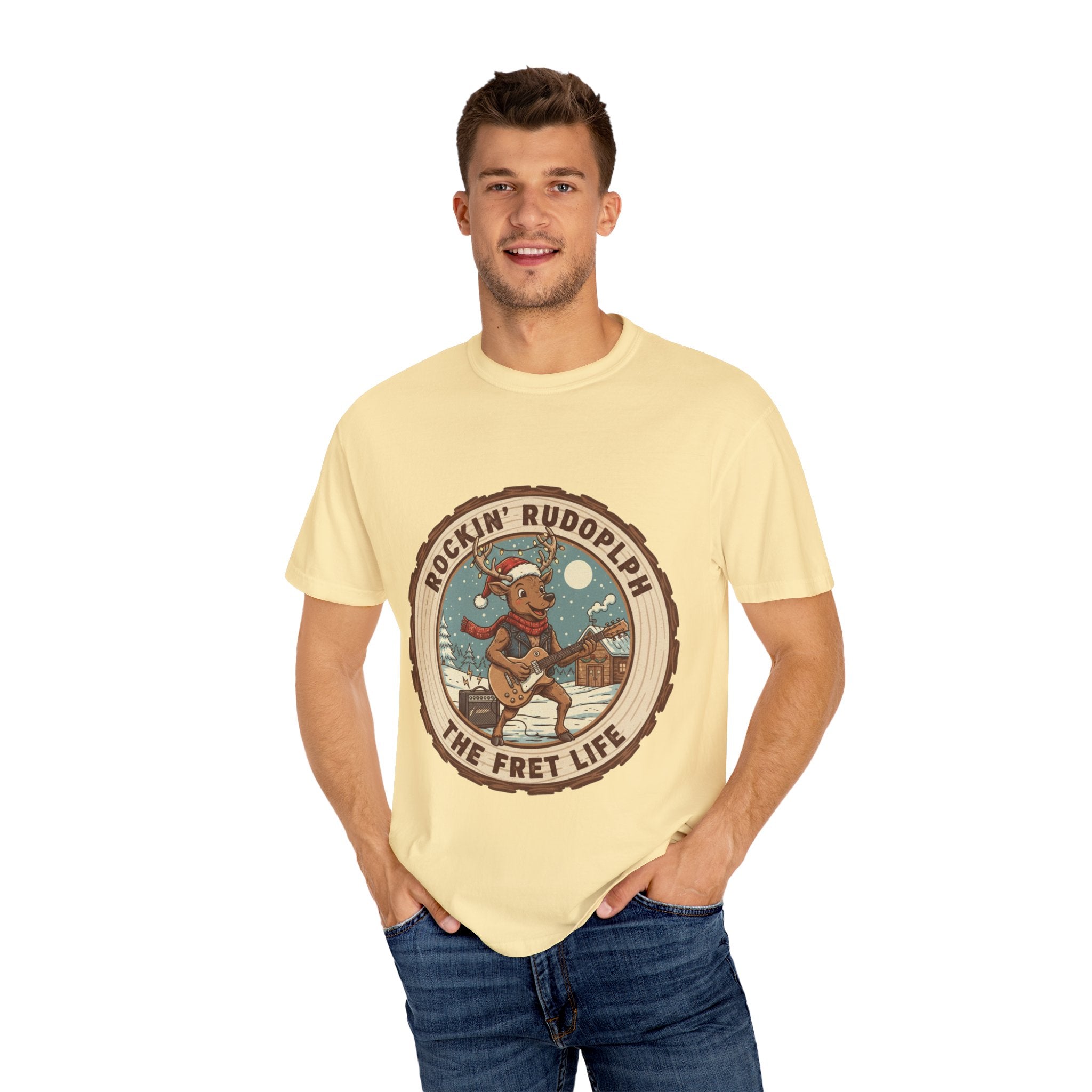 Rockin' Rudolph Christmas T-Shirt | Funny Reindeer Guitar Tee