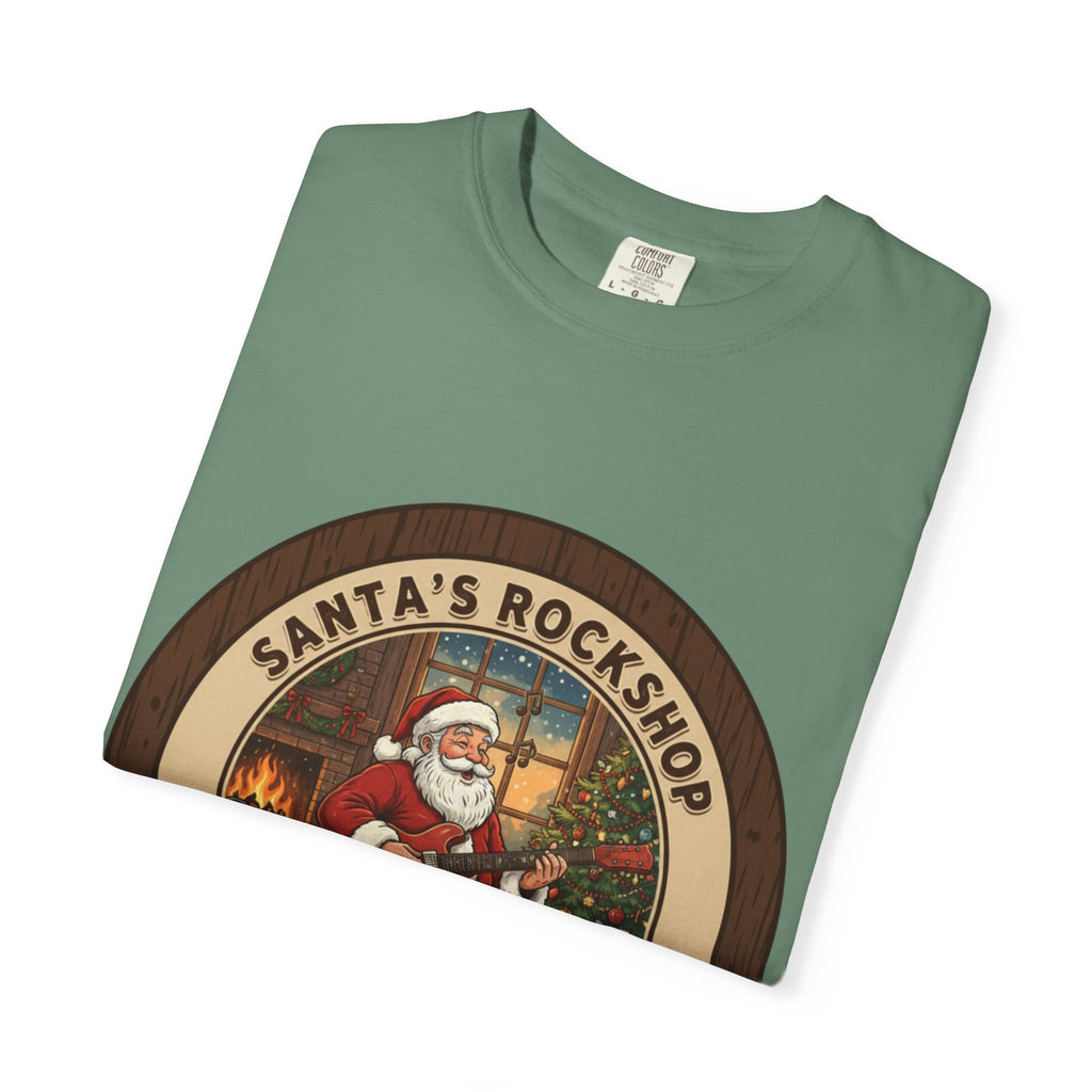 Santa's Rockshop Tee: Where the Elves Tune Up and Santa Shreds!