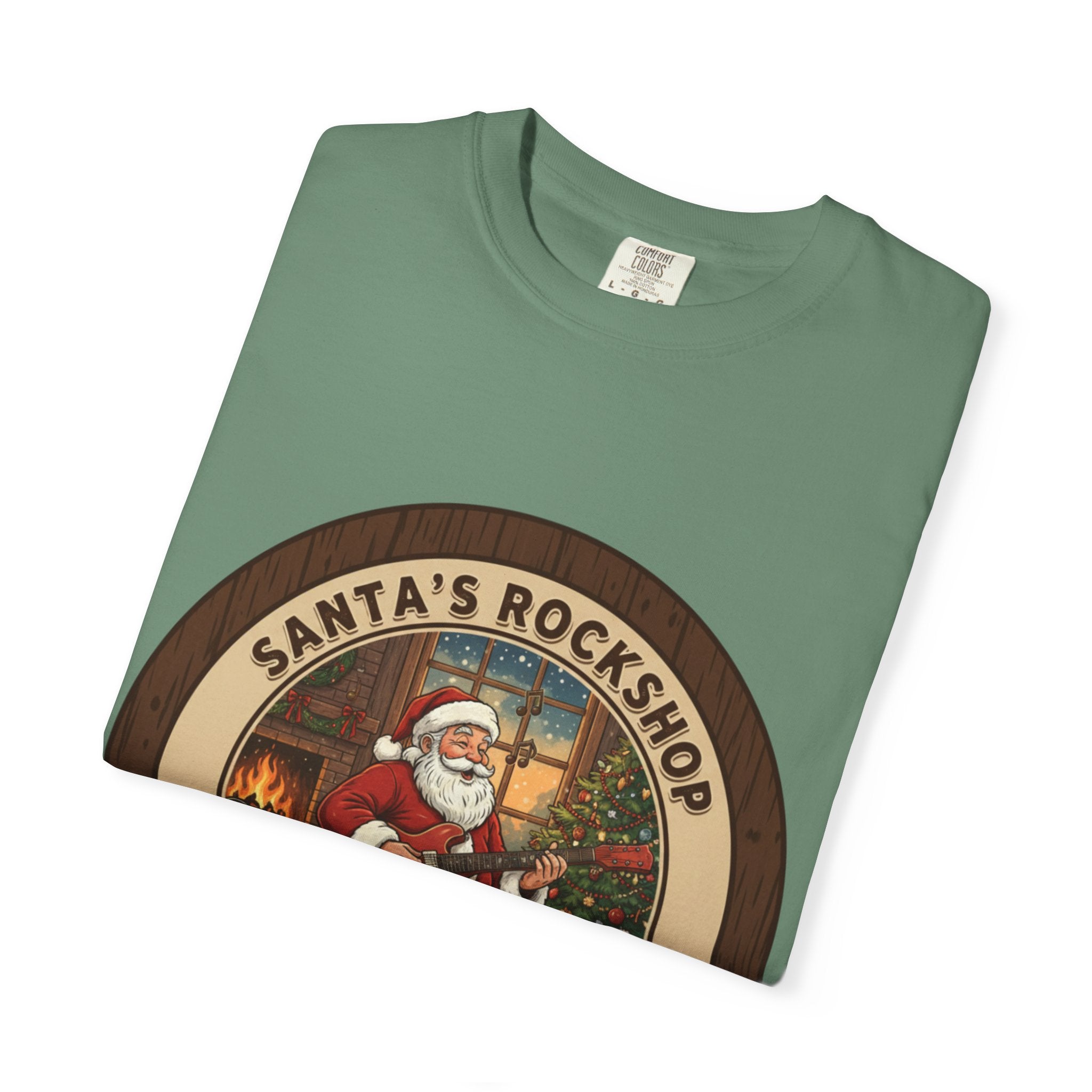 Santa's Rockshop Tee: Where the Elves Tune Up and Santa Shreds!