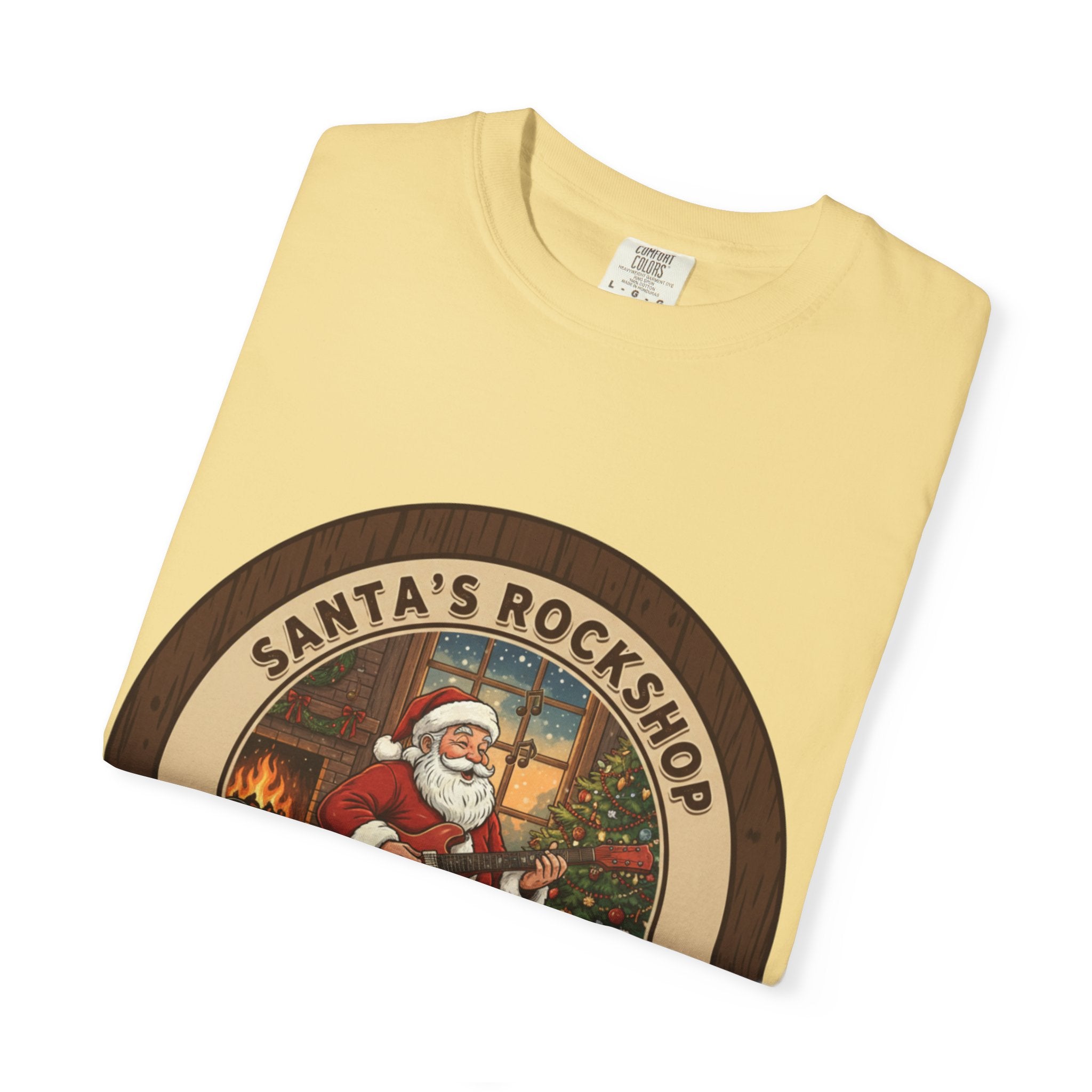 Santa's Rockshop Tee: Where the Elves Tune Up and Santa Shreds!