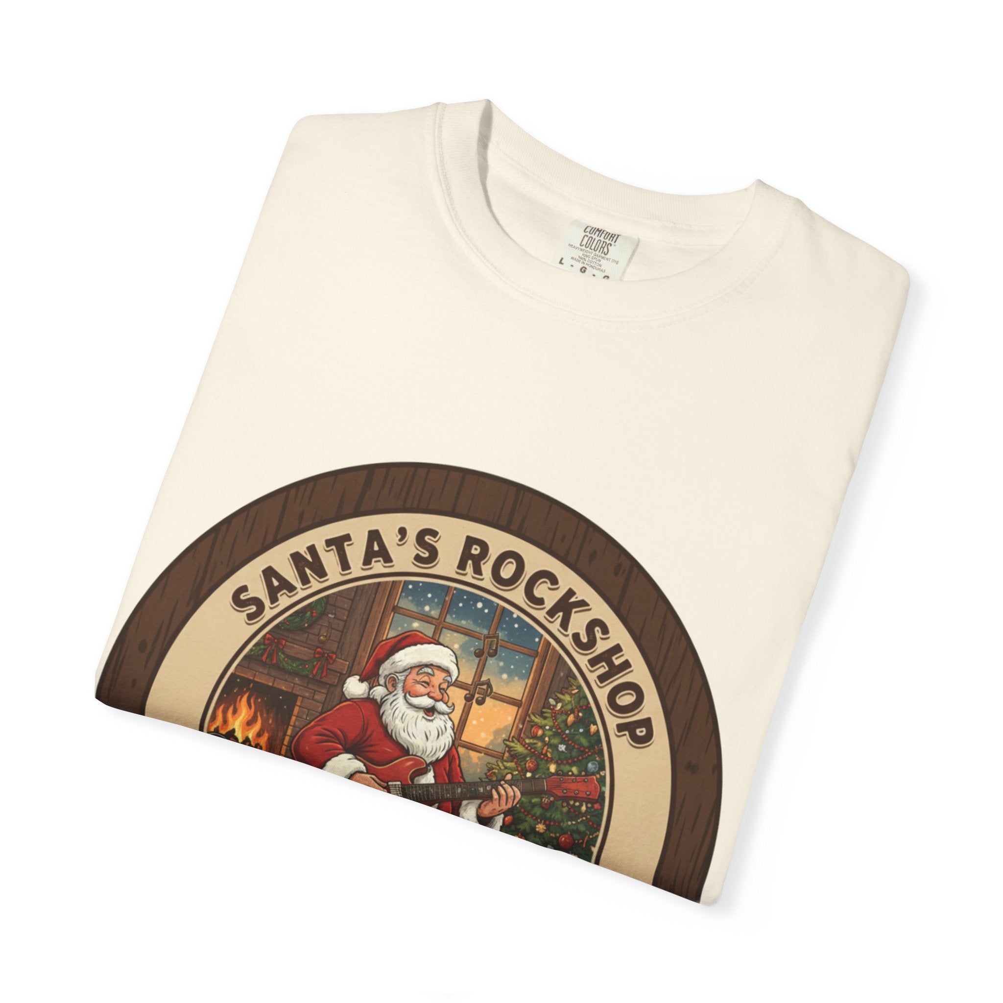 Santa's Rockshop Tee: Where the Elves Tune Up and Santa Shreds!