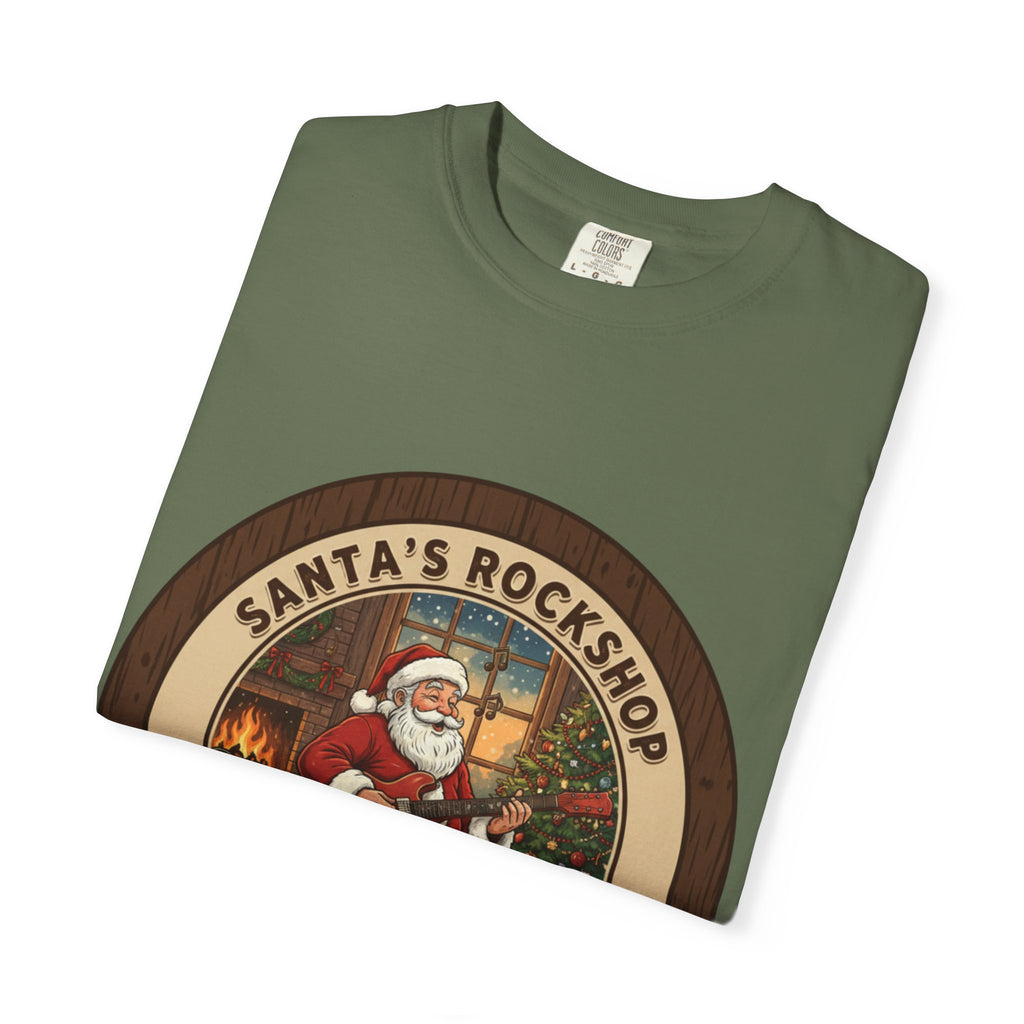 Santa's Rockshop Tee: Where the Elves Tune Up and Santa Shreds!