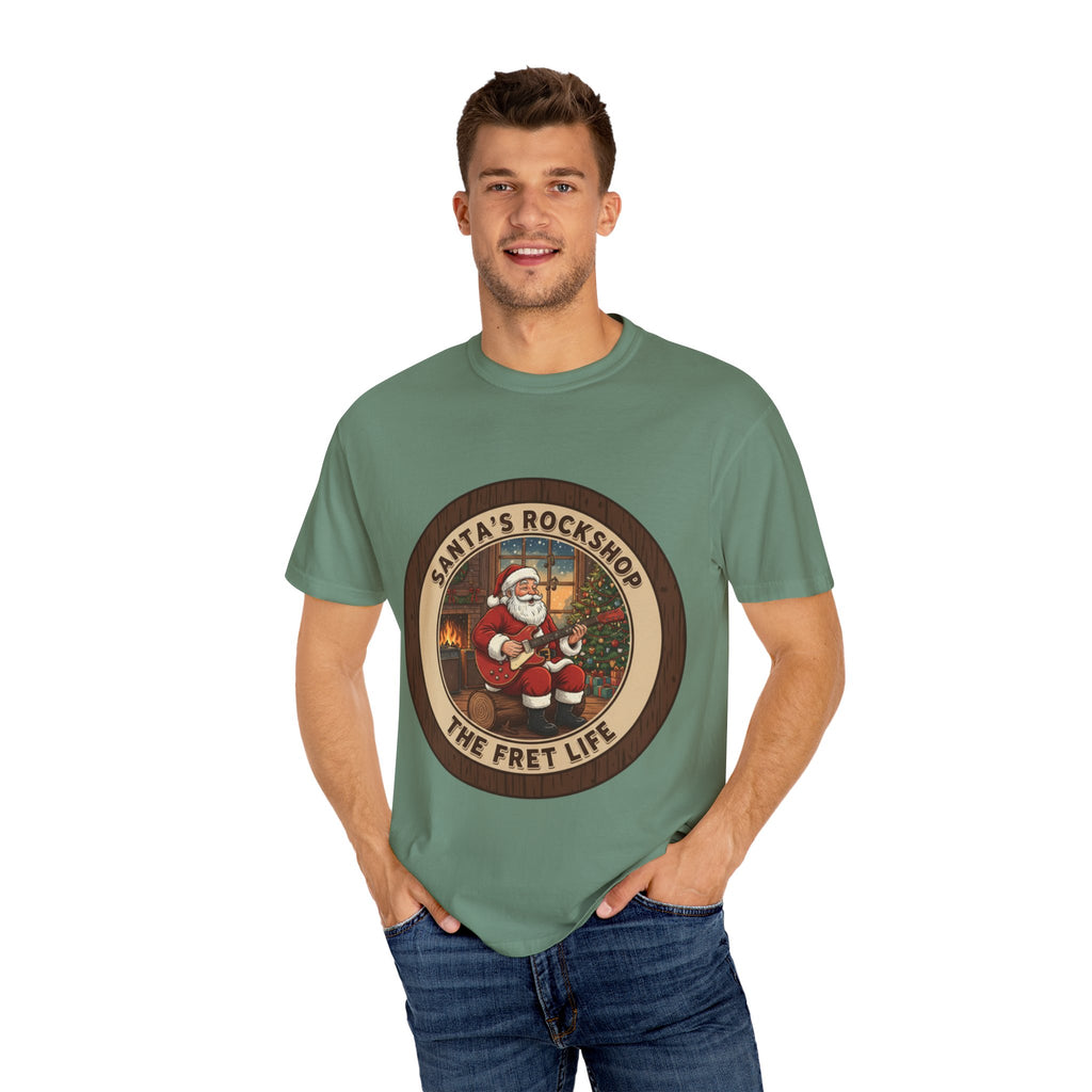 Santa's Rockshop Tee: Where the Elves Tune Up and Santa Shreds!