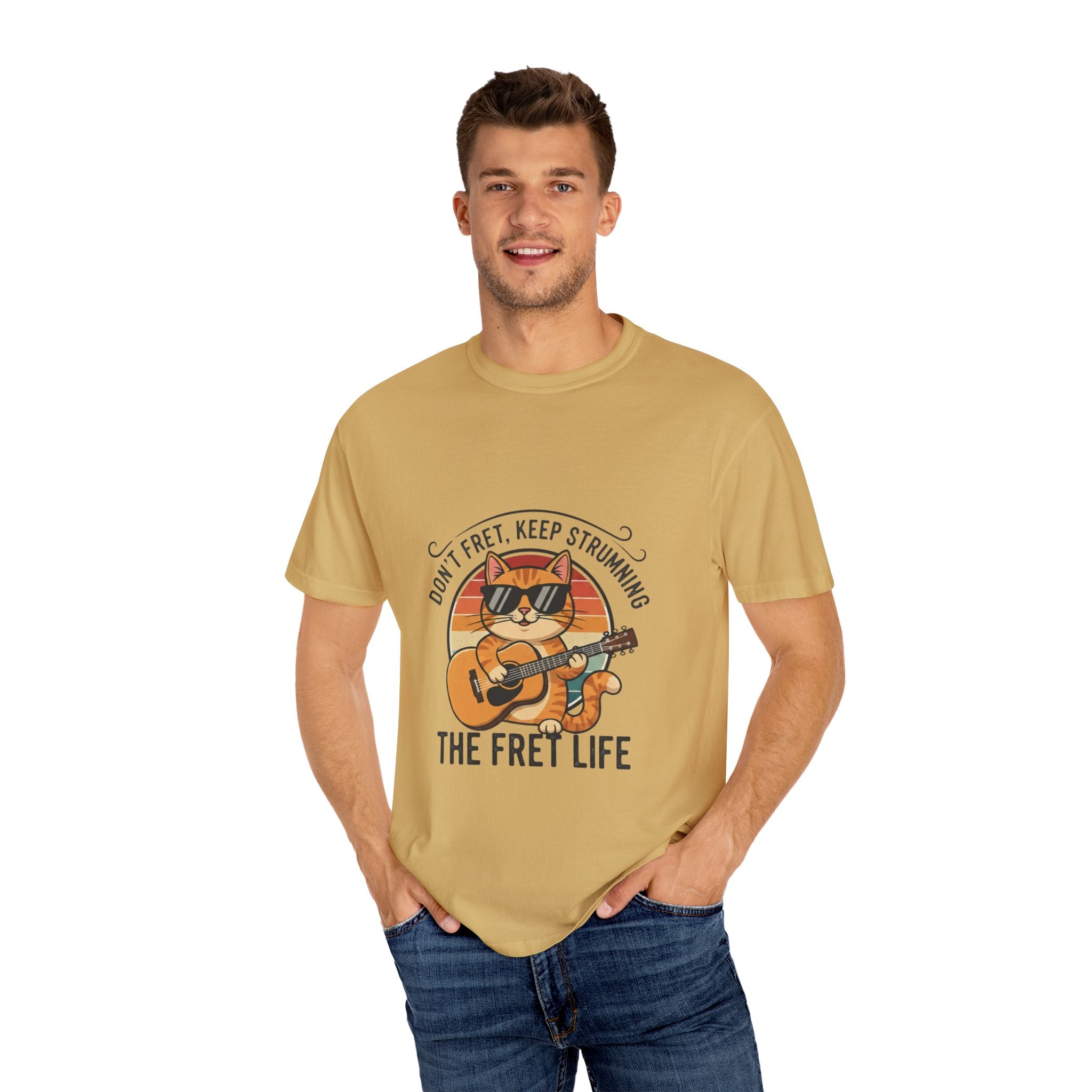Don't Fret, Keep Strumming: Cat & Guitar Lover's Tee