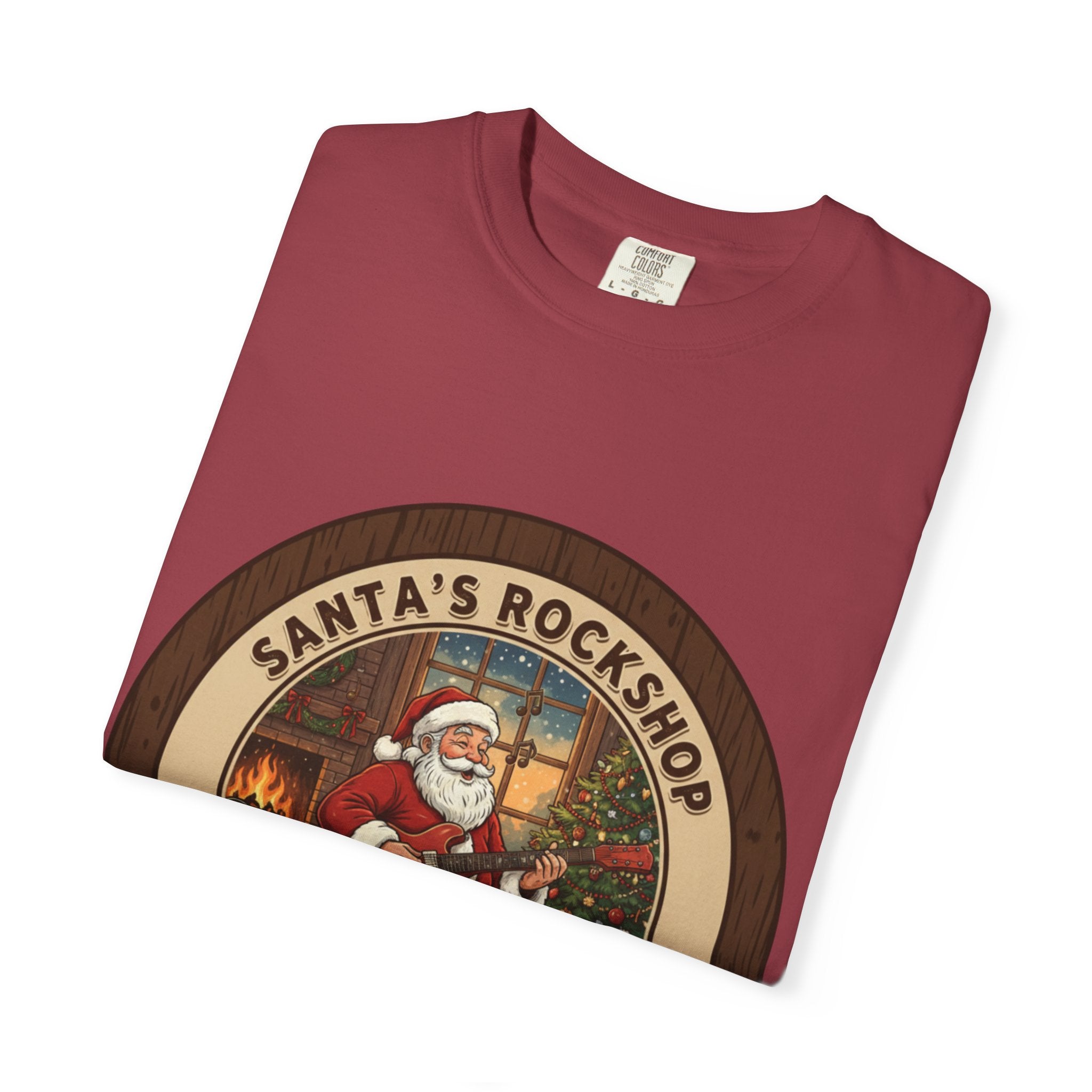 Santa's Rockshop Tee: Where the Elves Tune Up and Santa Shreds!