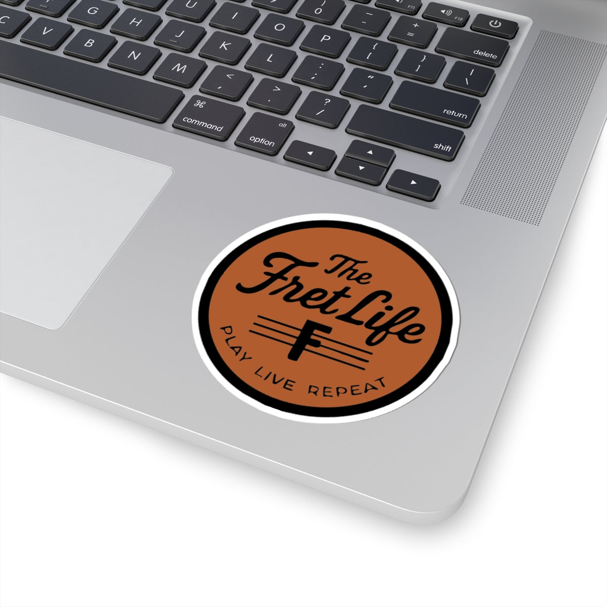 The Fret Life Round Sticker — 'Play Live Repeat' Guitar Music Decal