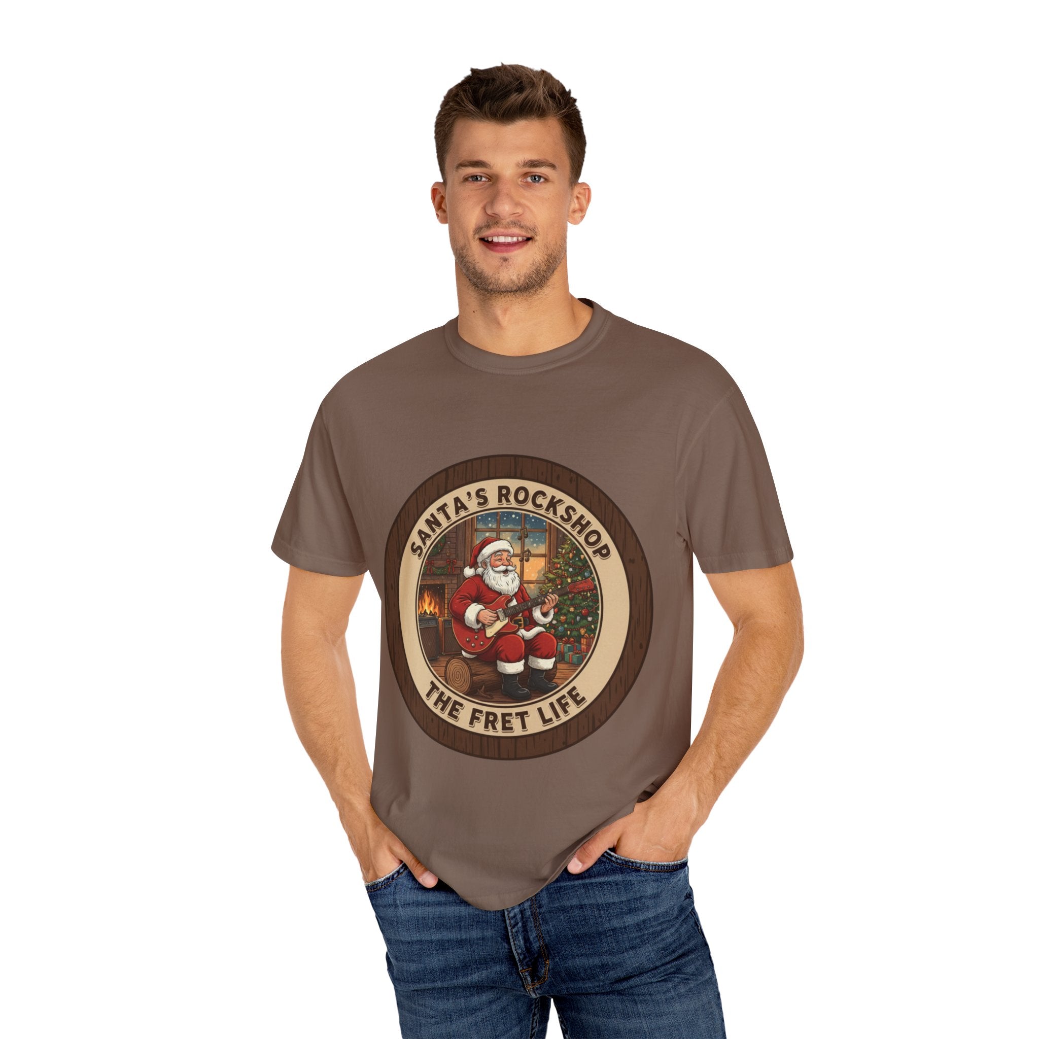Santa's Rockshop Tee: Where the Elves Tune Up and Santa Shreds!