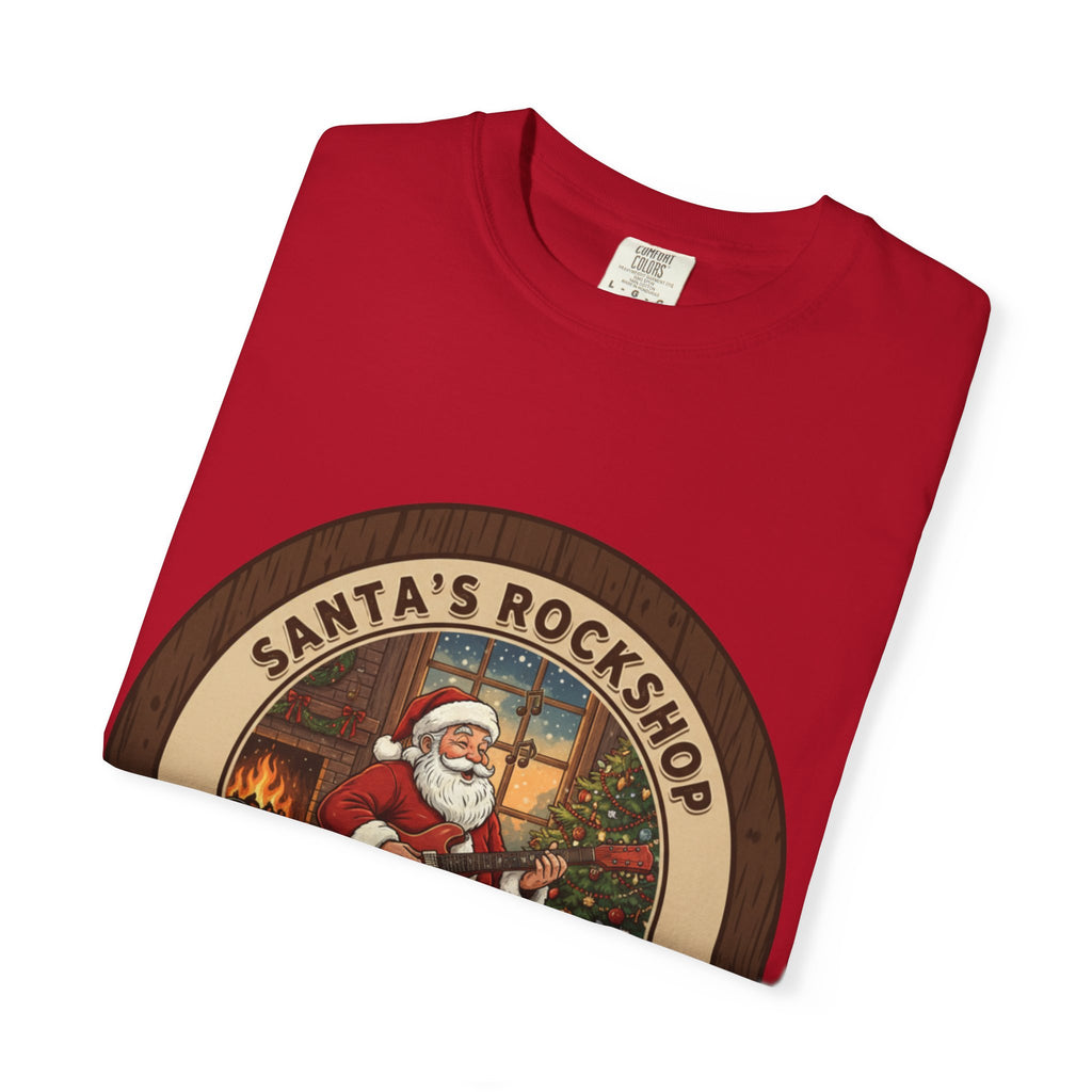 Santa's Rockshop Tee: Where the Elves Tune Up and Santa Shreds!