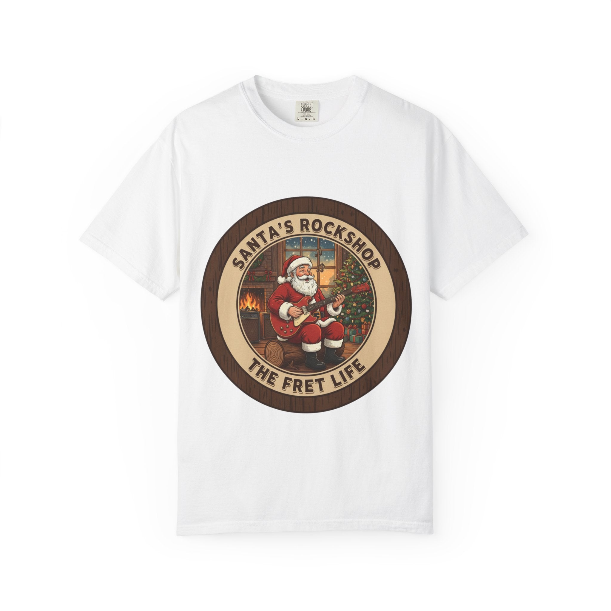 Santa's Rockshop Tee: Where the Elves Tune Up and Santa Shreds!