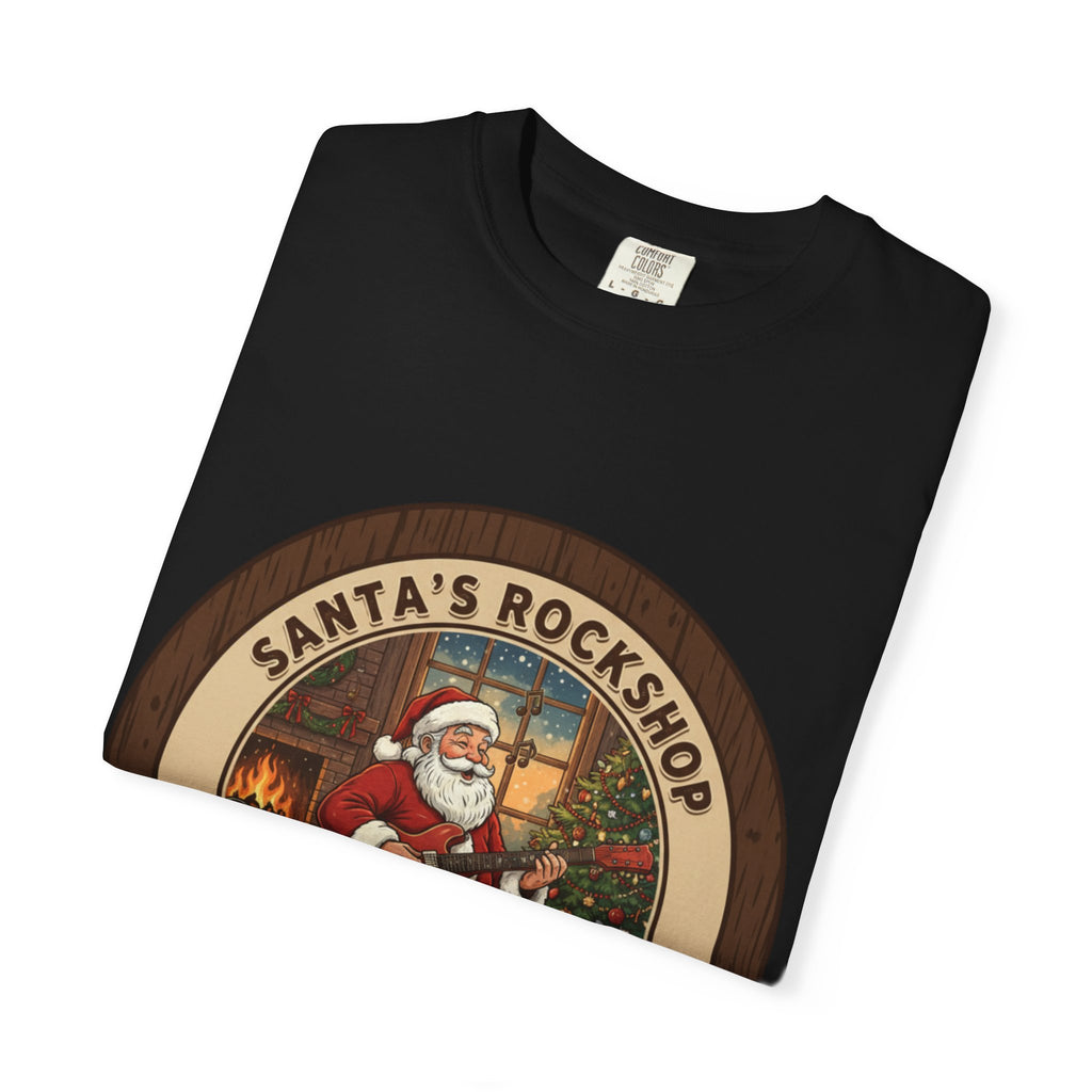 Santa's Rockshop Tee: Where the Elves Tune Up and Santa Shreds!