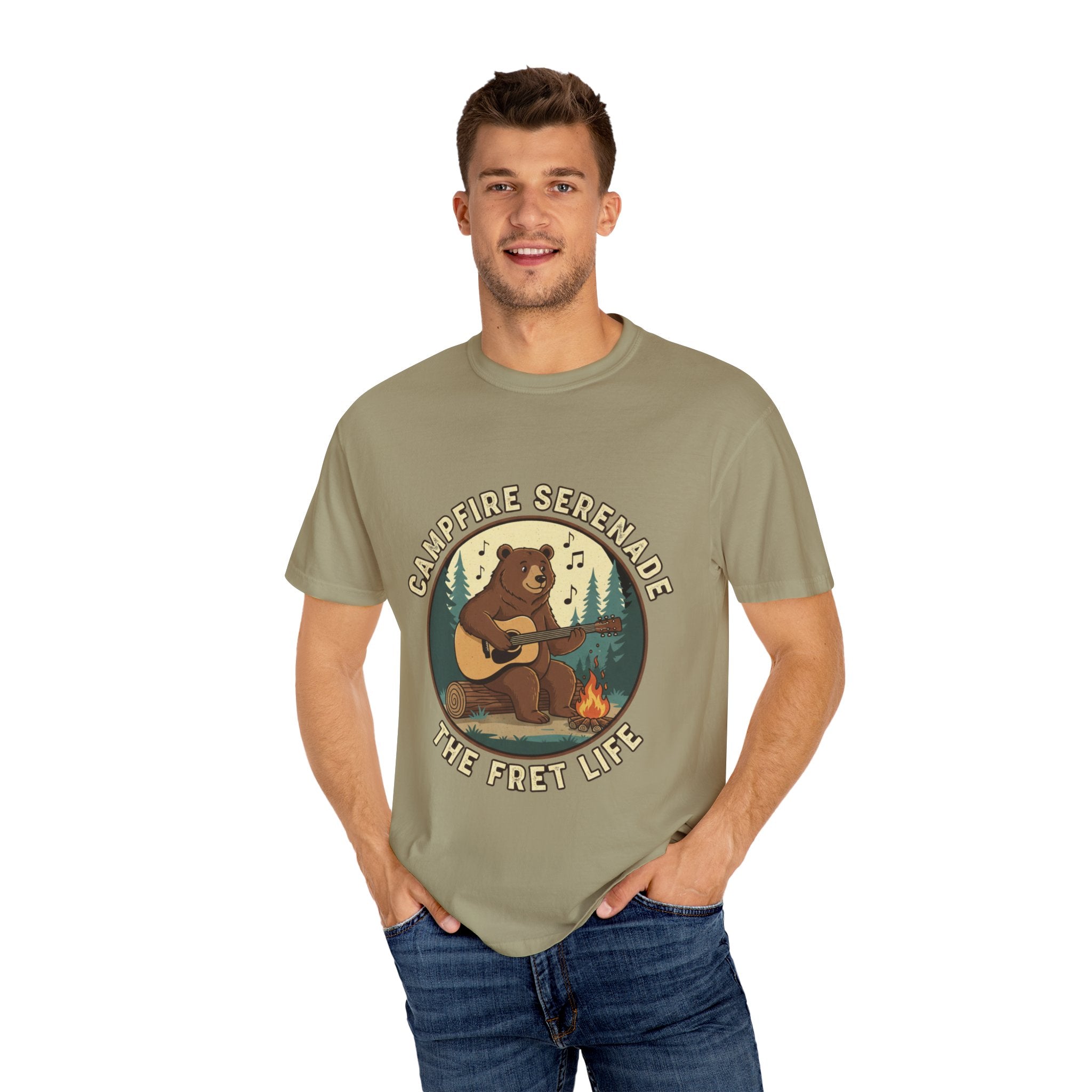 Campfire Serenade, Bear playing guitar design Garment-Dyed T-shirt