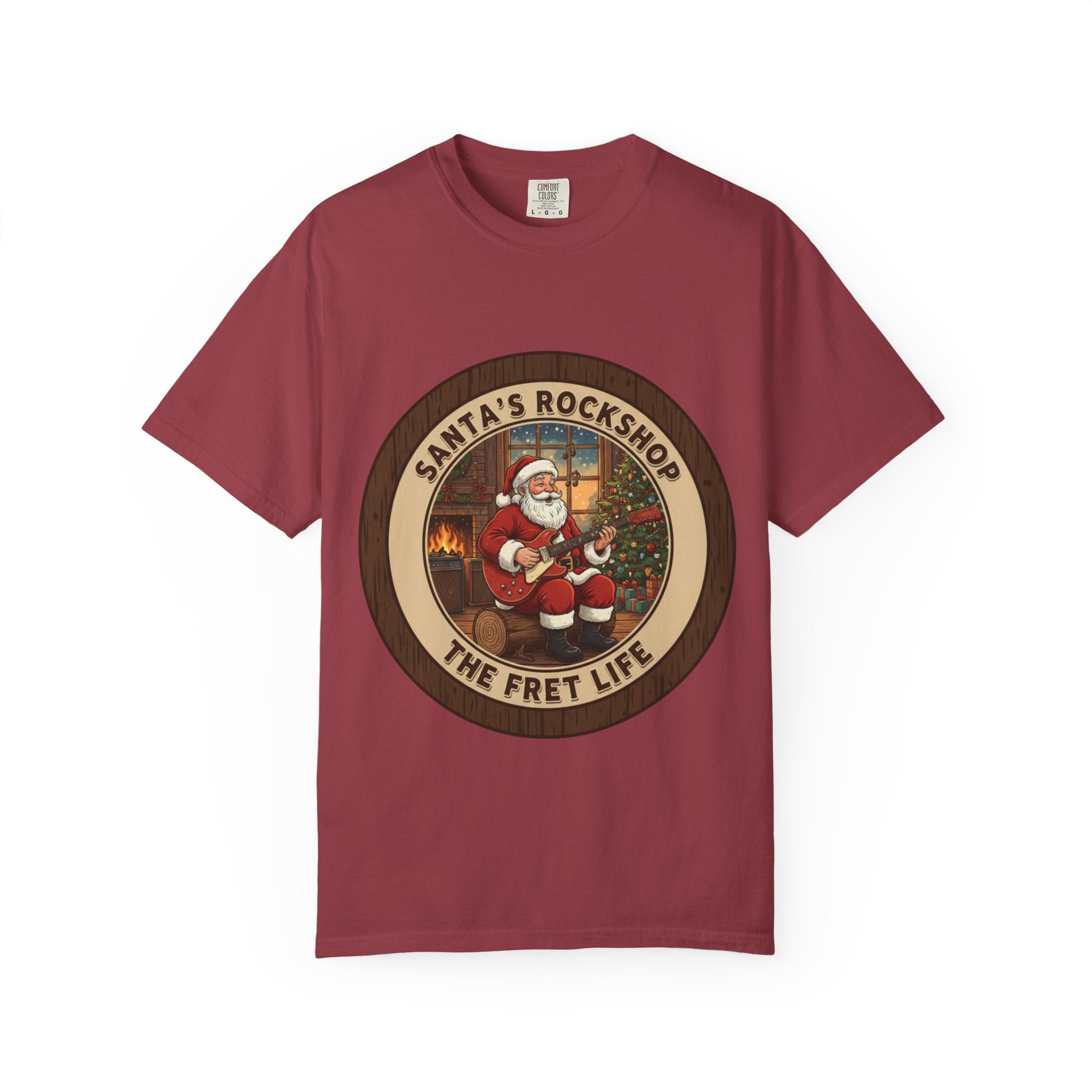 Santa's Rockshop Tee: Where the Elves Tune Up and Santa Shreds!