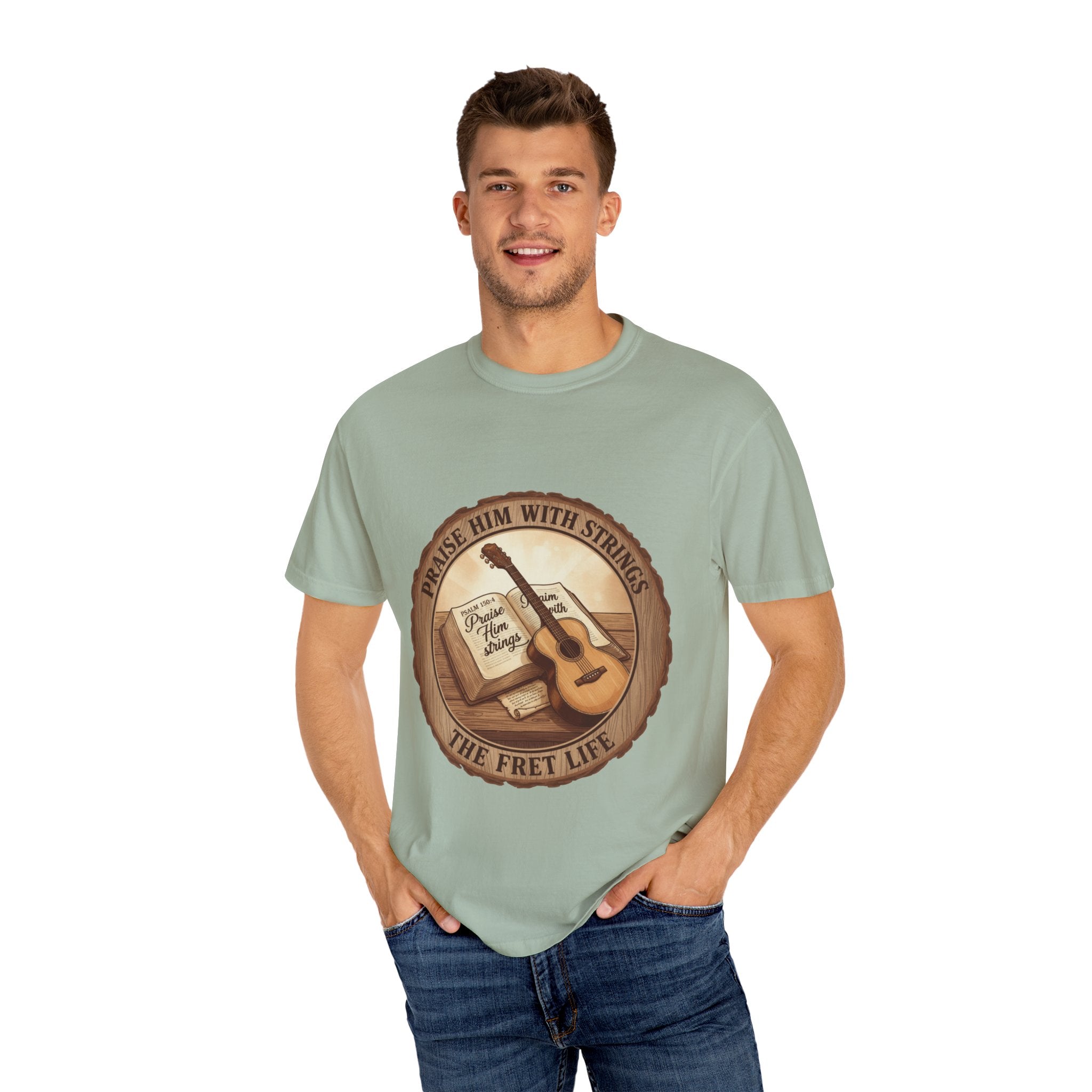 Praise Him With Strings T-Shirt | Psalm 150:4 Christian Guitar Tee