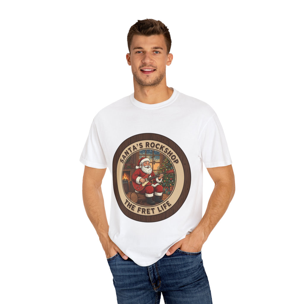 Santa's Rockshop Tee: Where the Elves Tune Up and Santa Shreds!