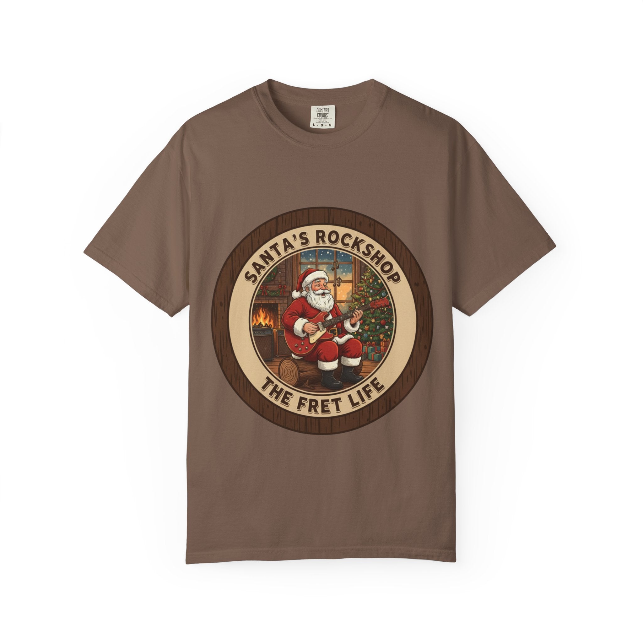 Santa's Rockshop Tee: Where the Elves Tune Up and Santa Shreds!