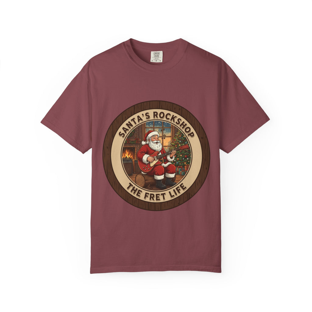 Santa's Rockshop Tee: Where the Elves Tune Up and Santa Shreds!