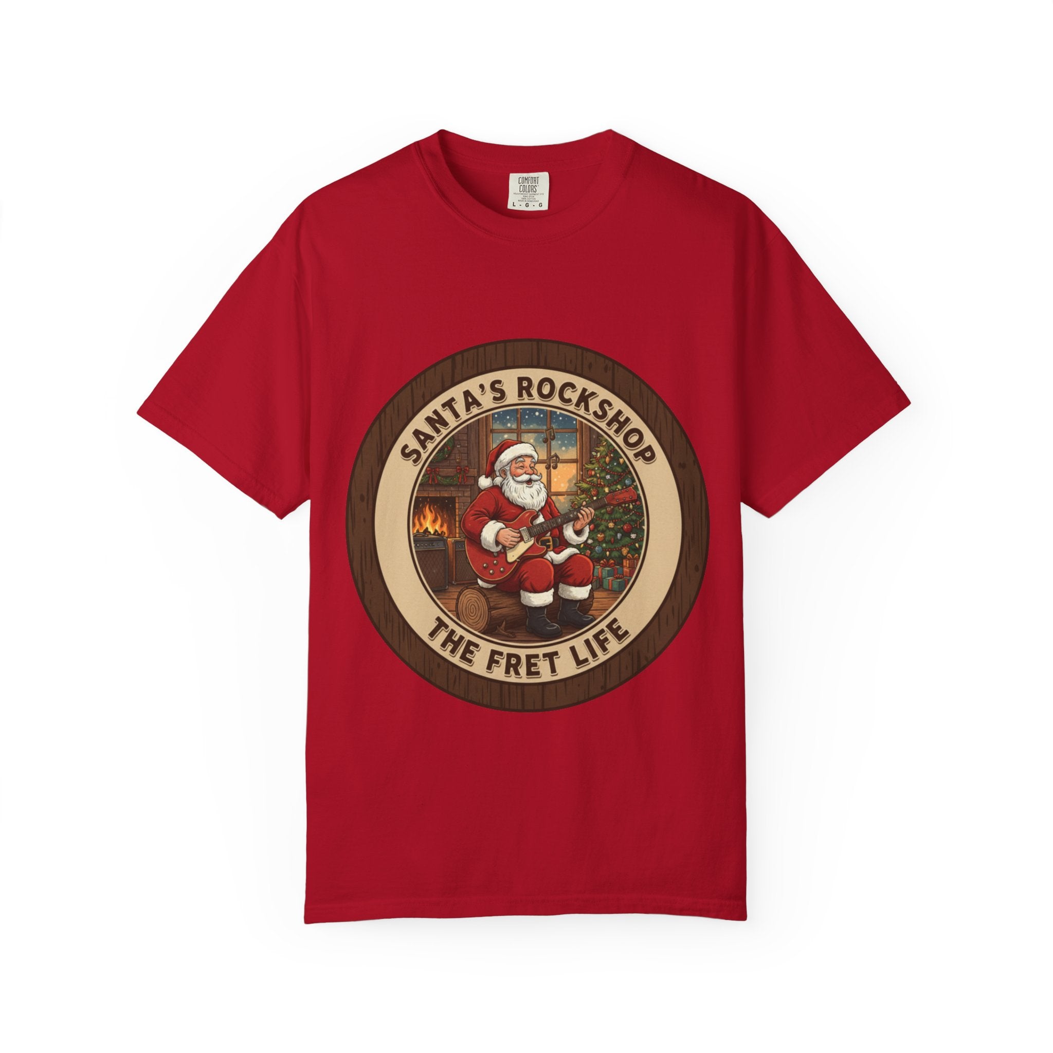 Santa's Rockshop Tee: Where the Elves Tune Up and Santa Shreds!