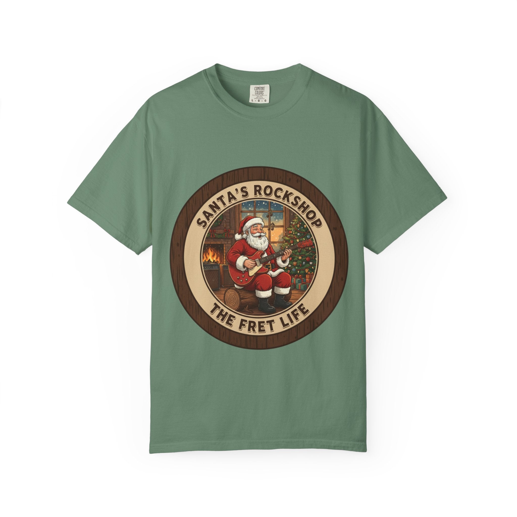Santa's Rockshop Tee: Where the Elves Tune Up and Santa Shreds!