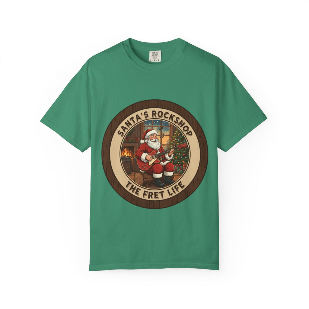 Santa's Rockshop Tee: Where the Elves Tune Up and Santa Shreds!