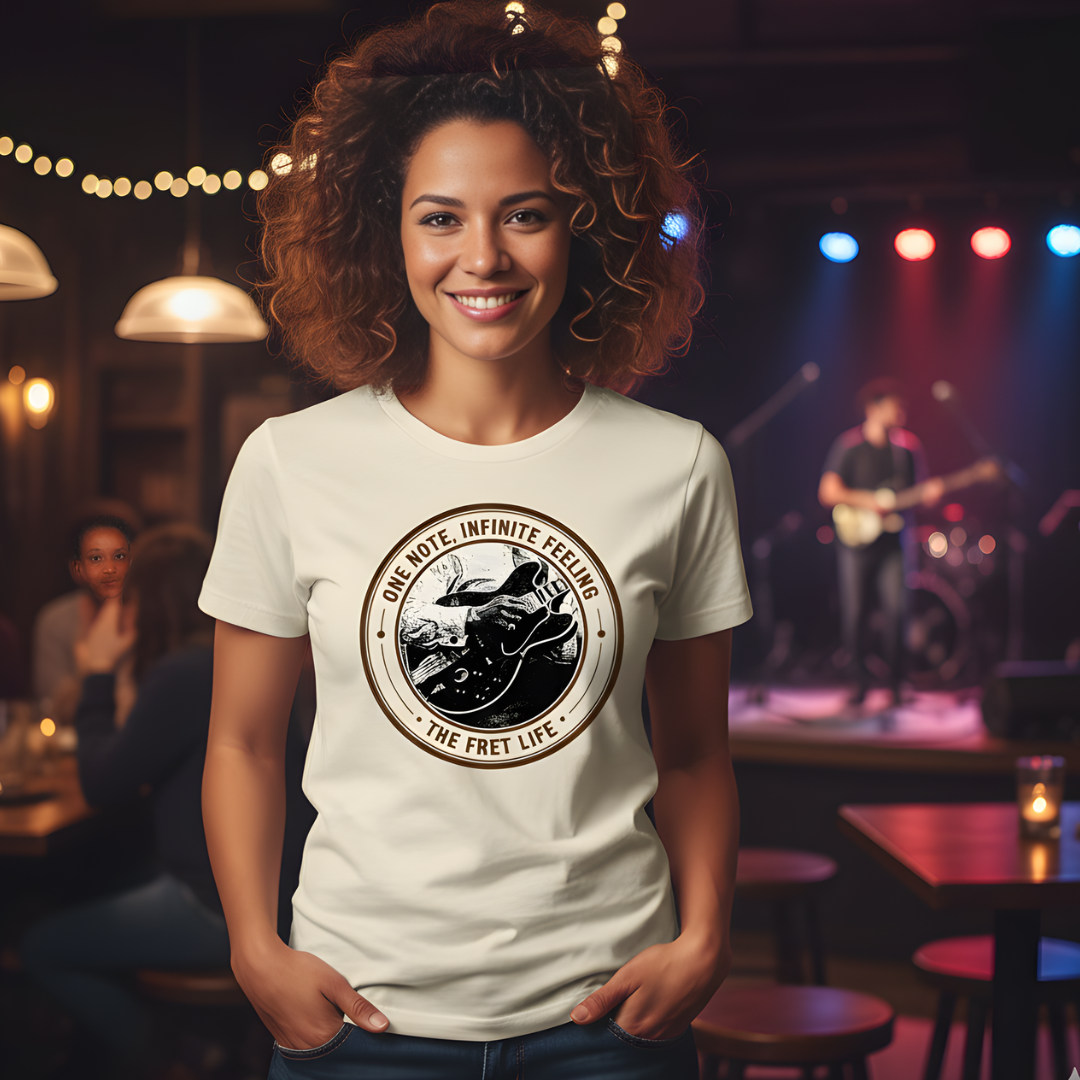 Woman wearing a t-shirt with a graphic design in a bar setting