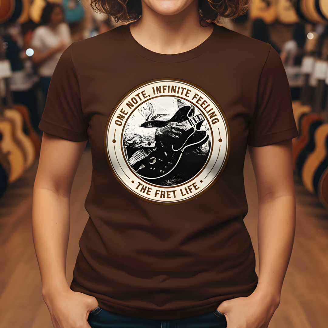 Person wearing a brown t-shirt with a guitar graphic and text in a music store.