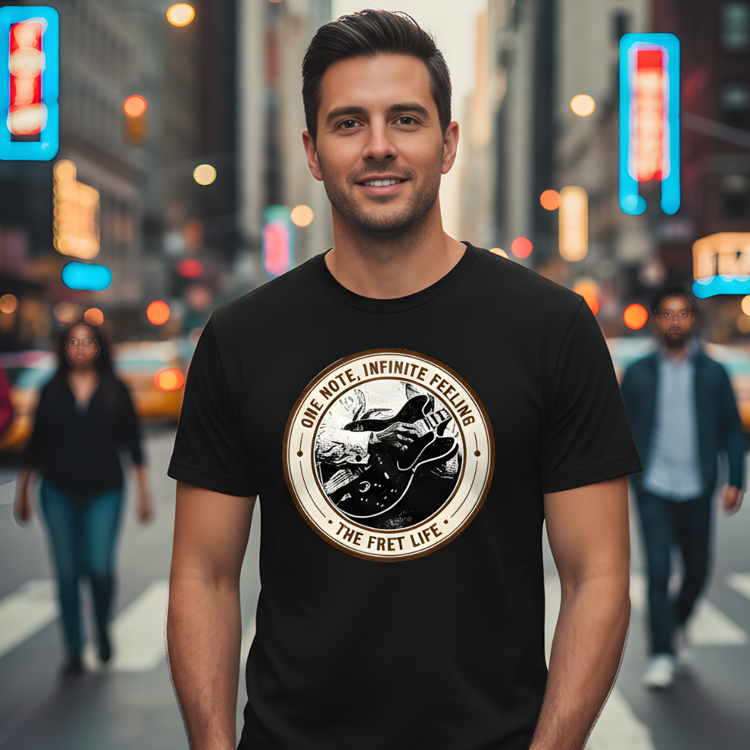 Man wearing a black t-shirt with a graphic design on a city street