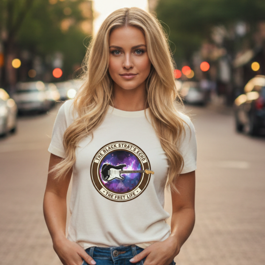 Woman wearing a white t-shirt with a graphic design on a city street.