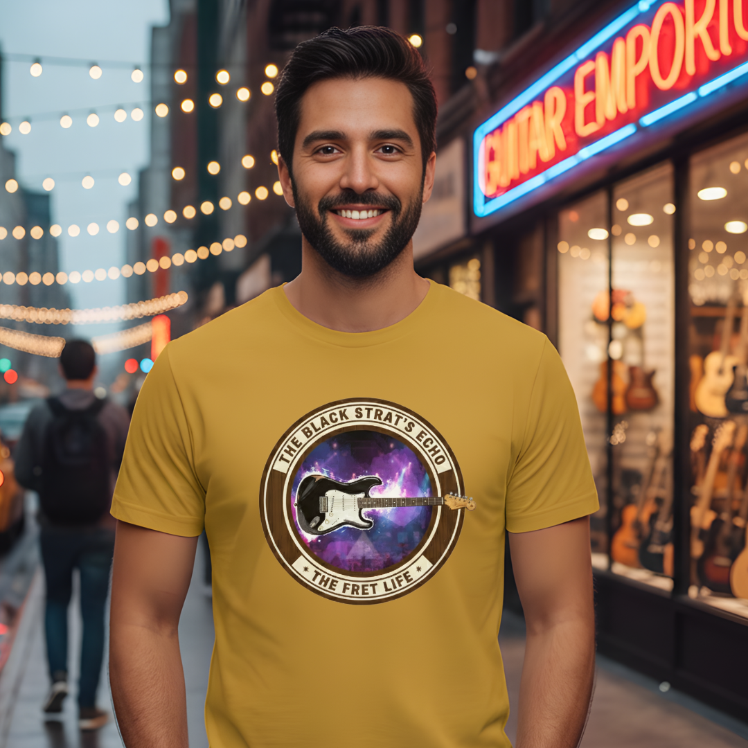 Man wearing a yellow t-shirt with a graphic design in an urban setting with neon signs.