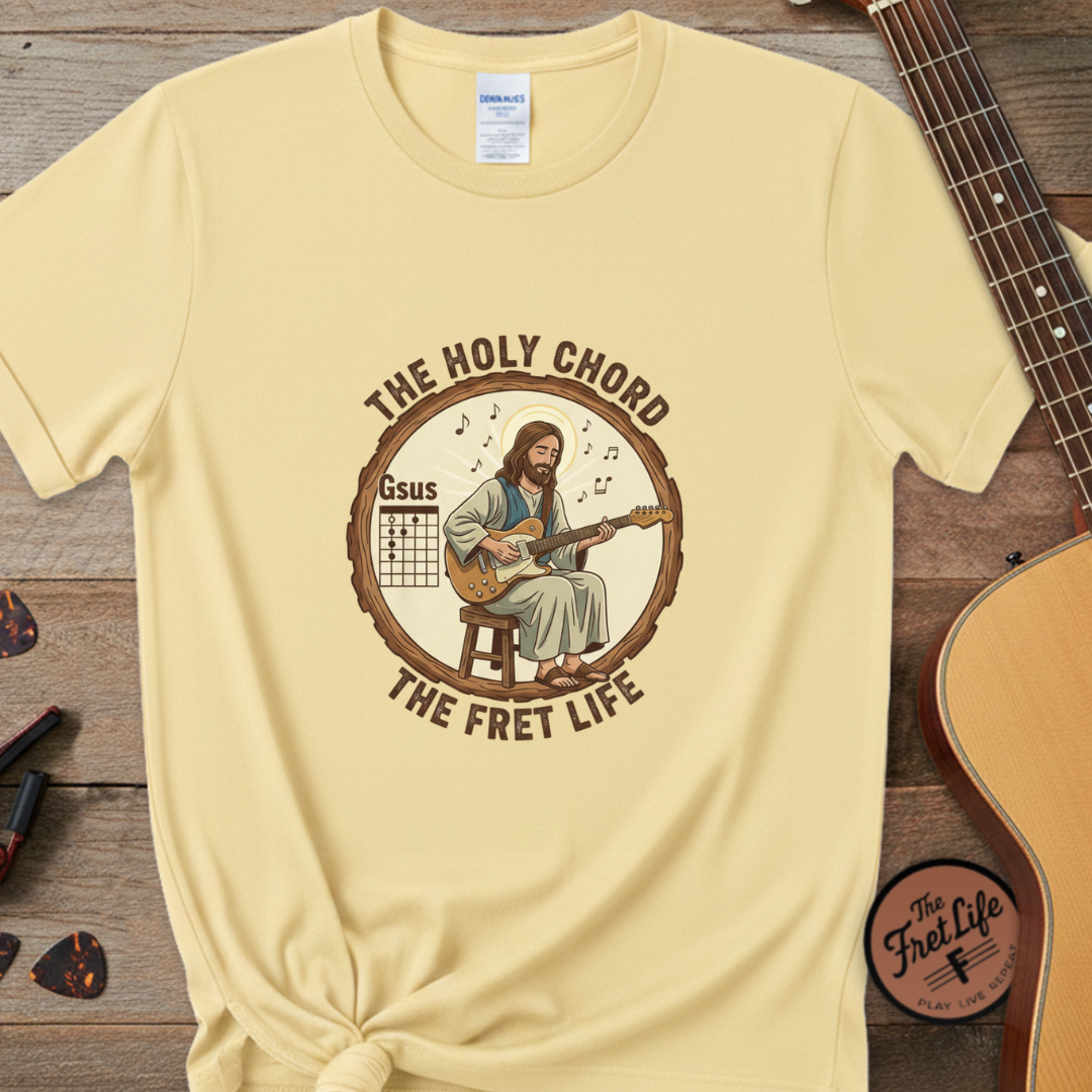 The Holy Chord Gsus T-Shirt: Faith, Music, and the Fret Life.