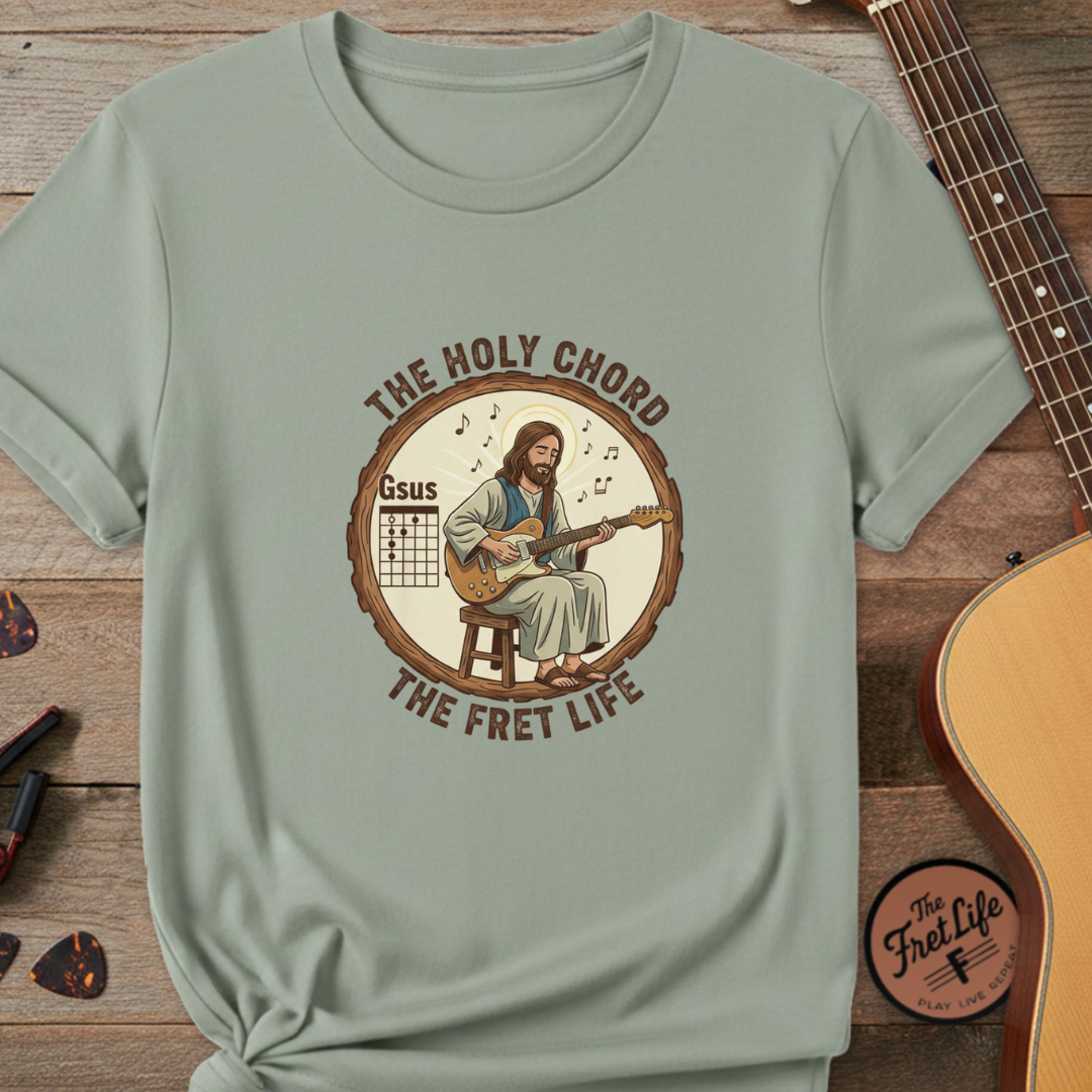 The Holy Chord Gsus T-Shirt: Faith, Music, and the Fret Life.