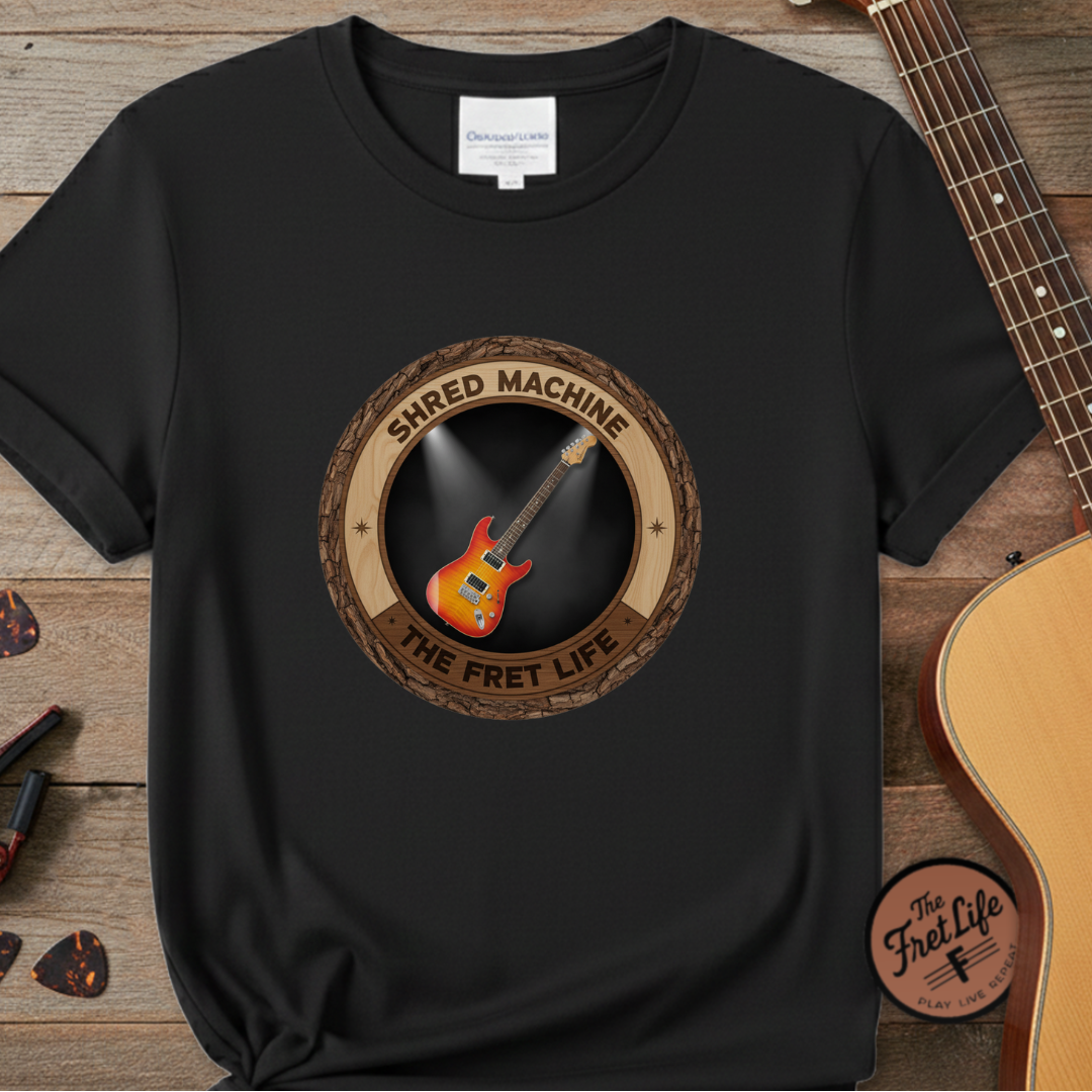 Black t-shirt with guitar graphic and 'Shred Machine The Fret Life' text on a wooden surface with guitars.