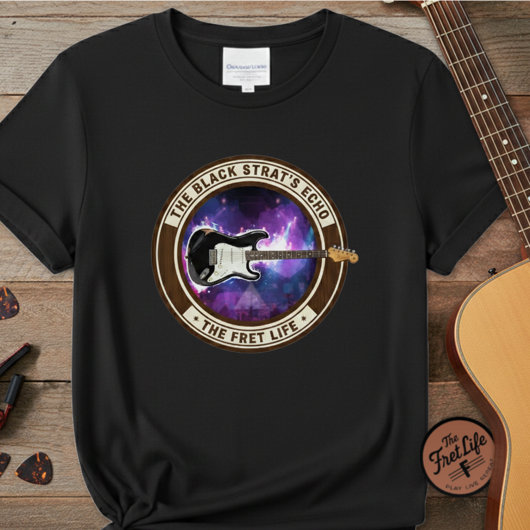 Black t-shirt with guitar graphic and text on a wooden surface with guitars.