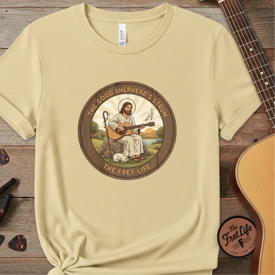 The Good Shepherd's Strum T-Shirt: Led by the Ultimate Musician.